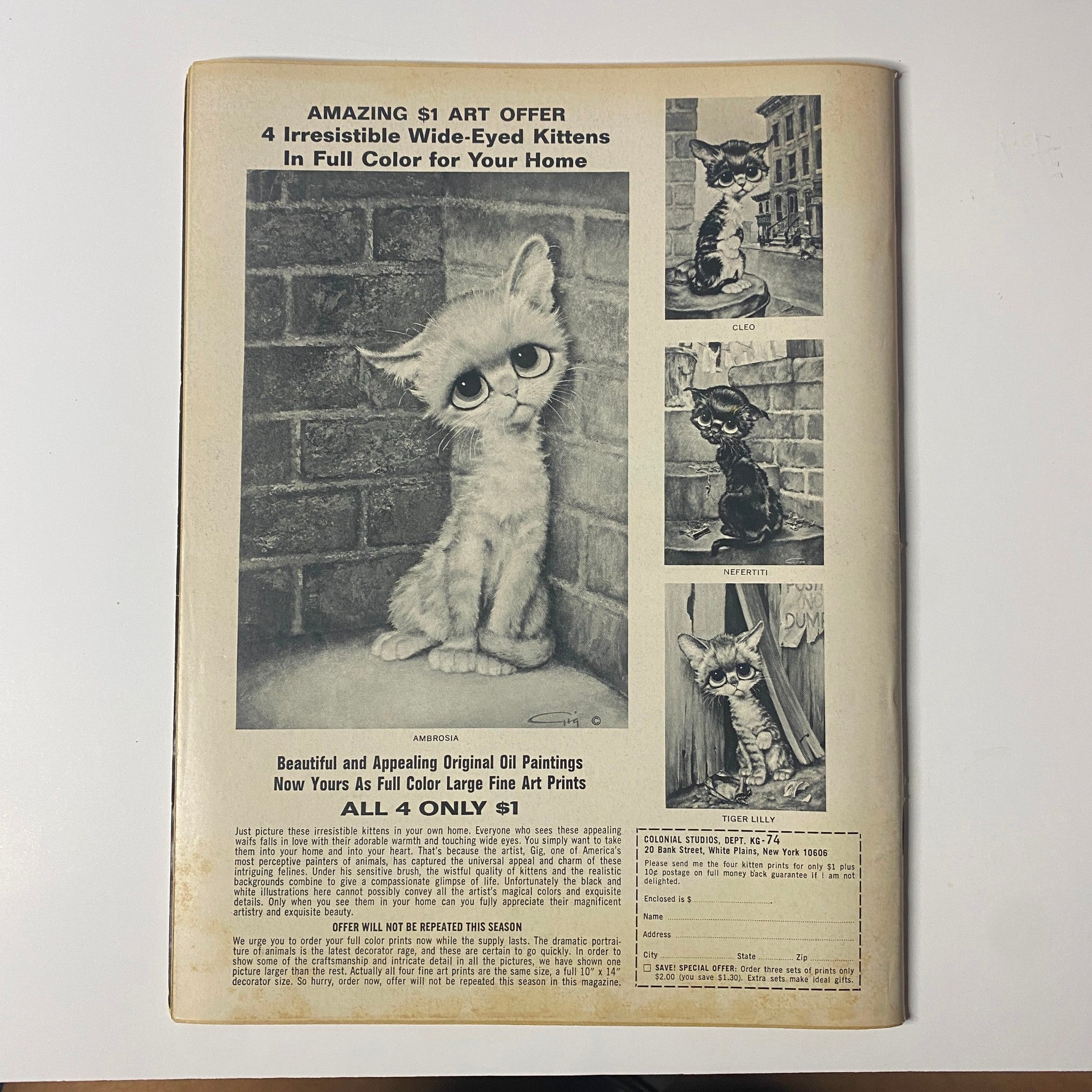 Back cover of Datebook Magazine January 1968 Vol 7 No. 1, featuring an advertisement for original oil paintings of kittens, showcasing vintage magazine content.