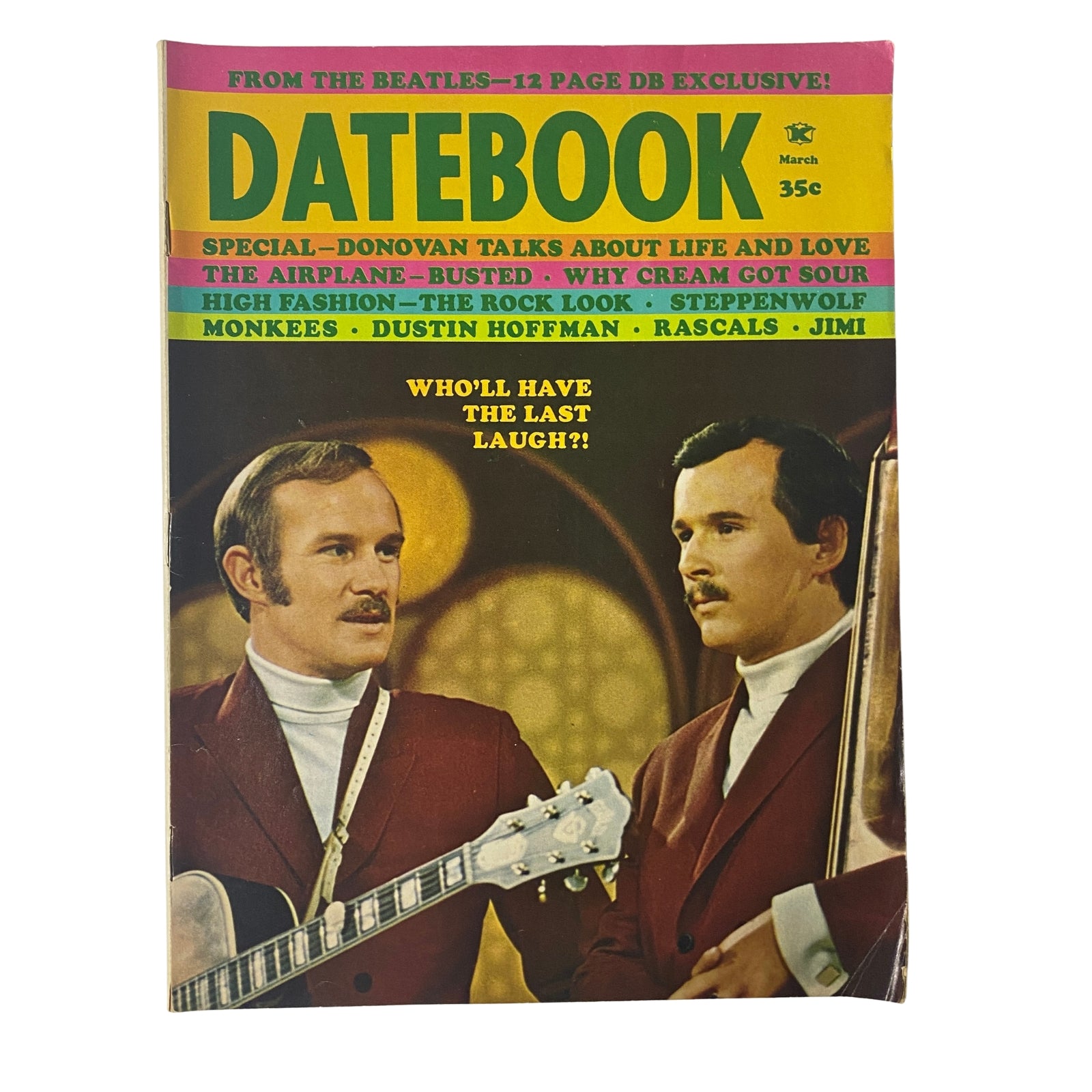 Cover of Datebook Magazine, March 1969, featuring interviews with Donovan, Steppenwolf, and The Monkees, highlighting 1960s pop culture and rock music trends.
