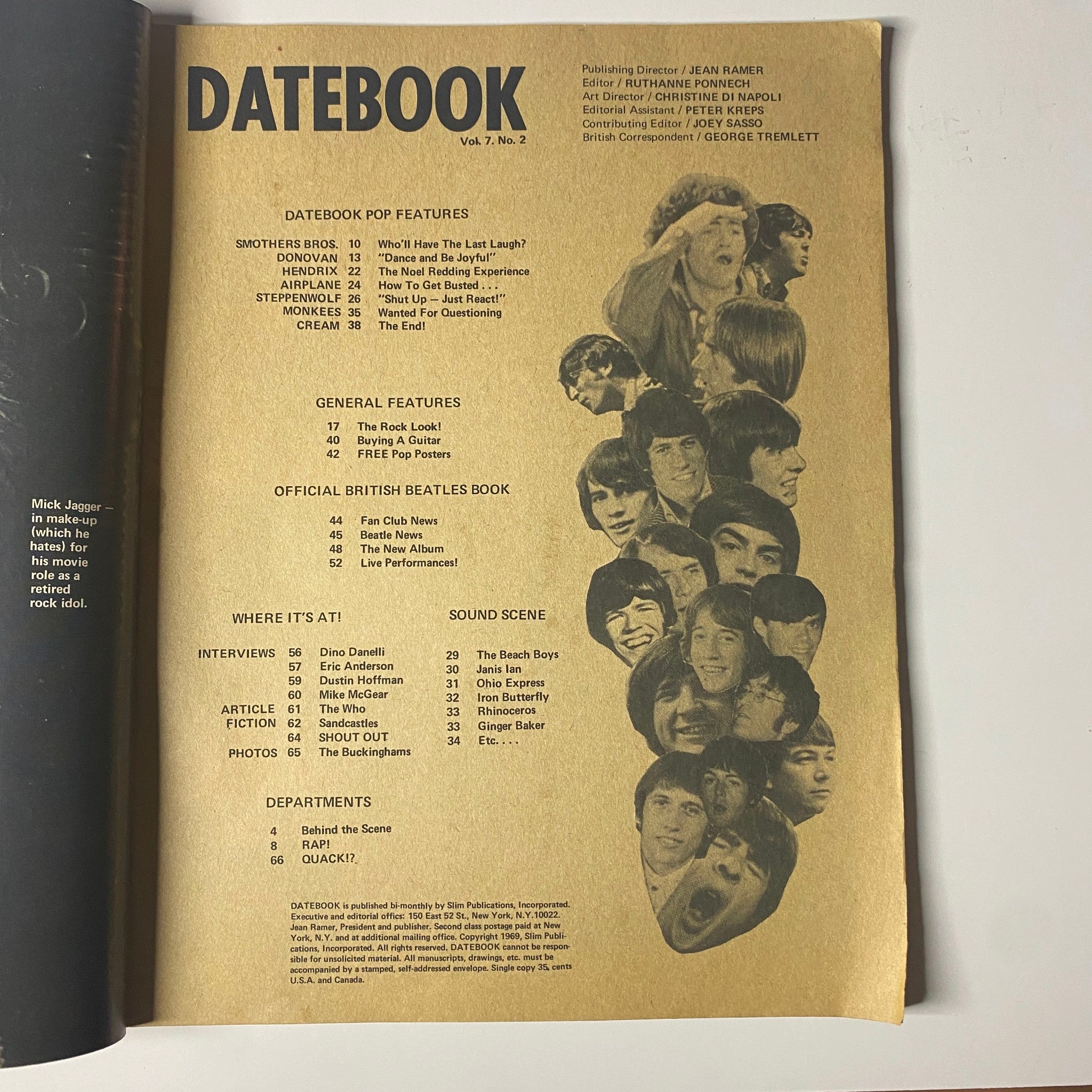 Inside page of Datebook Magazine, Vol. 7 No. 2 showing the table of contents and featured articles including The Beatles, Mick Jagger, and others from the 1969 rock scene.