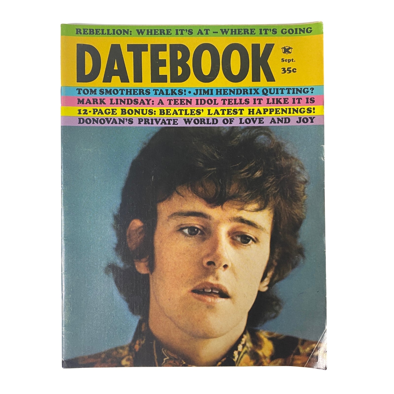 Cover of Datebook Magazine September 1969 Vol 7 No. 4 featuring Tom Smothers, highlighting music and cultural topics including Jimi Hendrix, and a special Beatles feature.