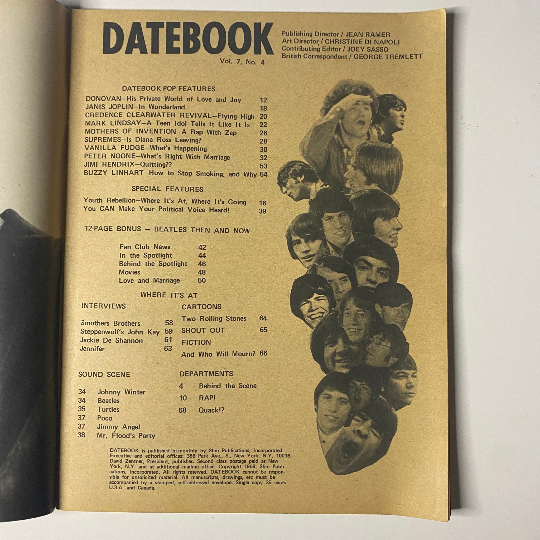 Contents page of Datebook Magazine September 1969 Vol 7 No. 4, listing major features including Donovan, Creedence Clearwater Revival, and interviews with artists like Steppenwolf's John Kay.