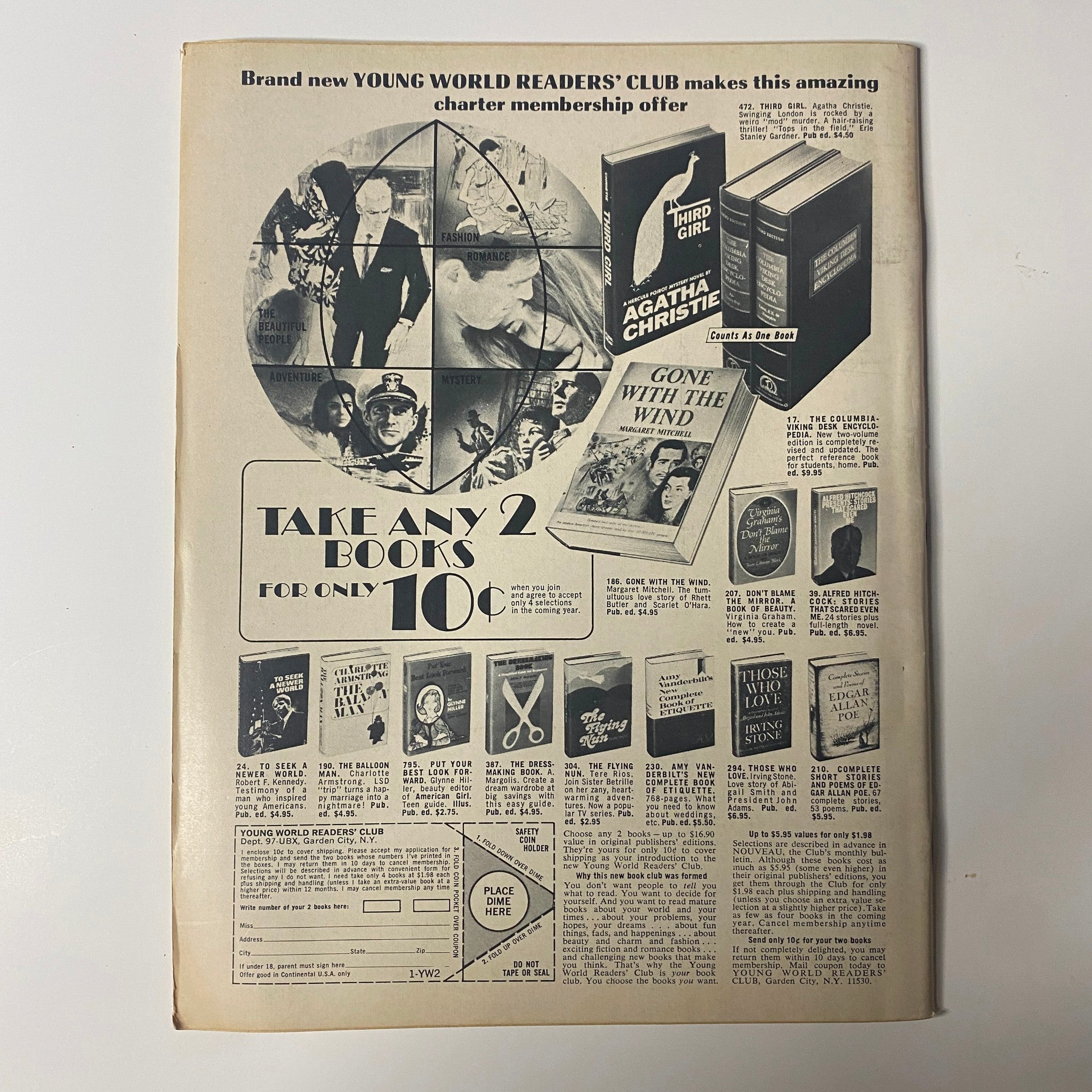 Advertisement for Young World Readers' Club from Datebook Magazine September 1969 Vol 7 No. 4, featuring book offers and prominent titles such as 'Gone with the Wind' and works by Agatha Christie.