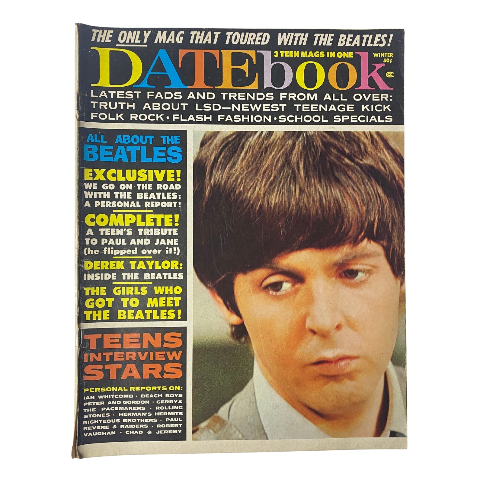 Datebook Magazine Winter 1966 Vol 5 No 5 featuring Paul McCartney on the cover, showcasing topics related to The Beatles, including sections like 'On the Road with The Beatles' and 'Teens Interview Stars.' Presenting a vintage aesthetic with vibrant colors.