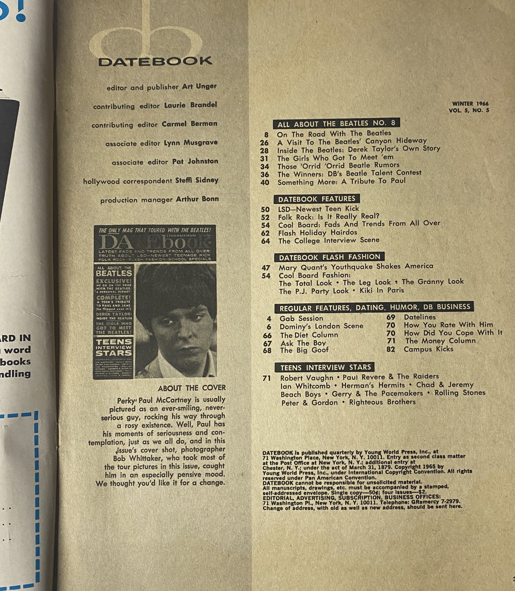 Inside page of Datebook Magazine Winter 1966 Vol 5 No 5, revealing the table of contents with articles about The Beatles, including exclusive interviews and insights from the band's publicist Derek Taylor. Highlights youthful trends and cultural topics.