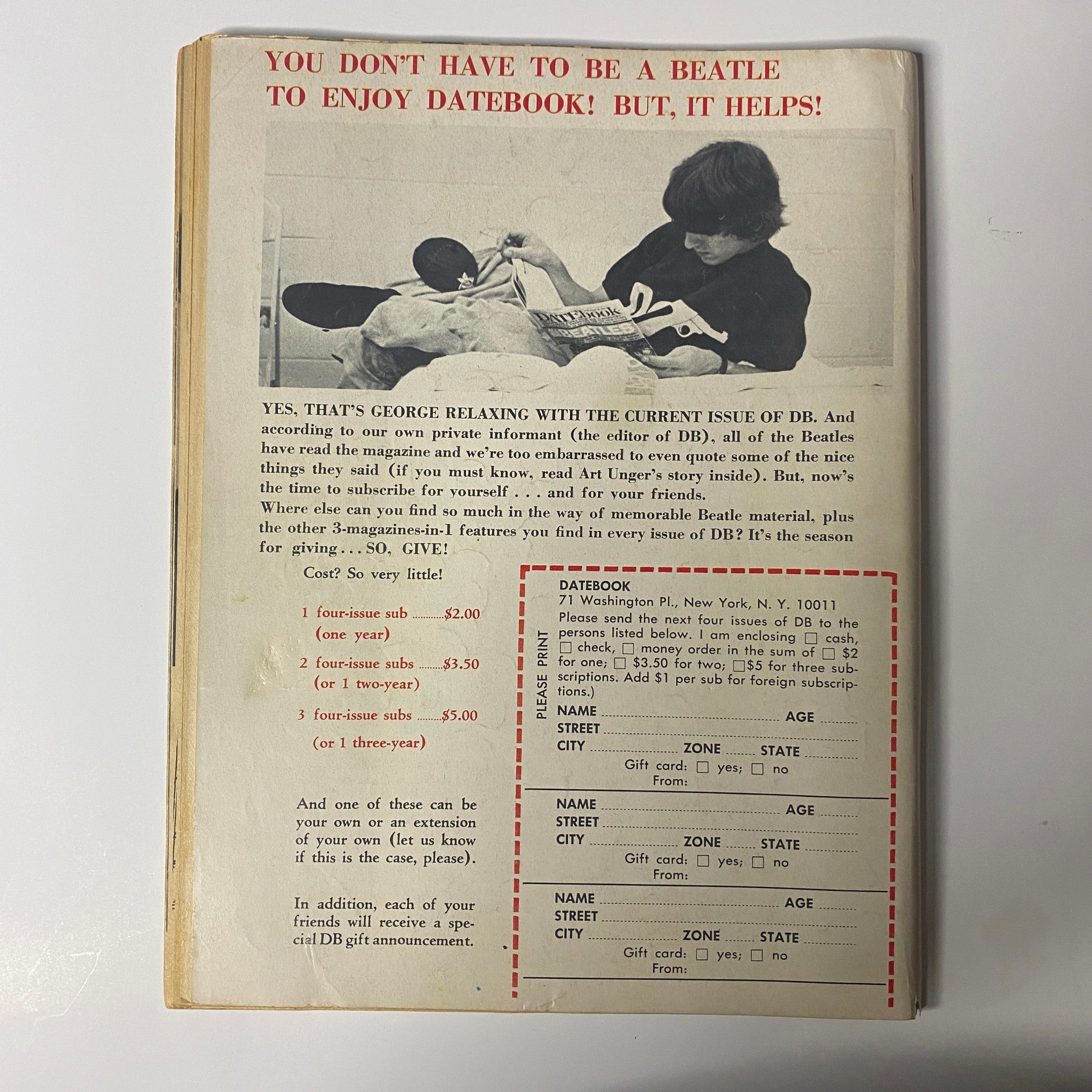 Back cover of Datebook Magazine Winter 1966 Vol 5 No 5, showing a casual scene with George Harrison and an advertisement for magazine subscriptions. The design reflects the 1960s pop culture, enhancing its collectible appeal.