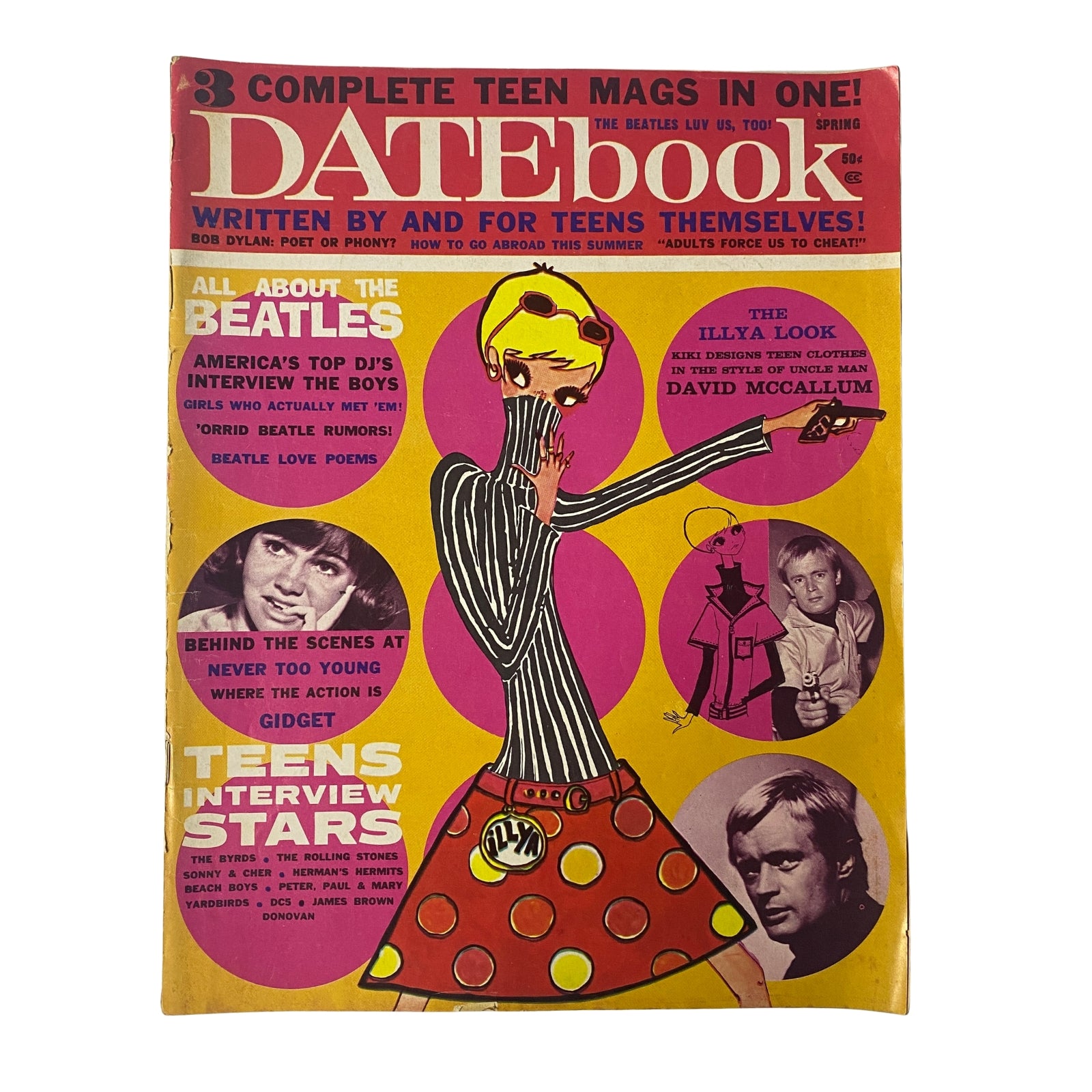Cover of Datebook Magazine Spring 1966 Vol 5 No. 6 featuring a vibrant design and highlighting 'All About The Beatles'. The magazine includes sections such as interviews and fan stories related to the Beatles, alongside features on artists like Bob Dylan and Sonny & Cher.
