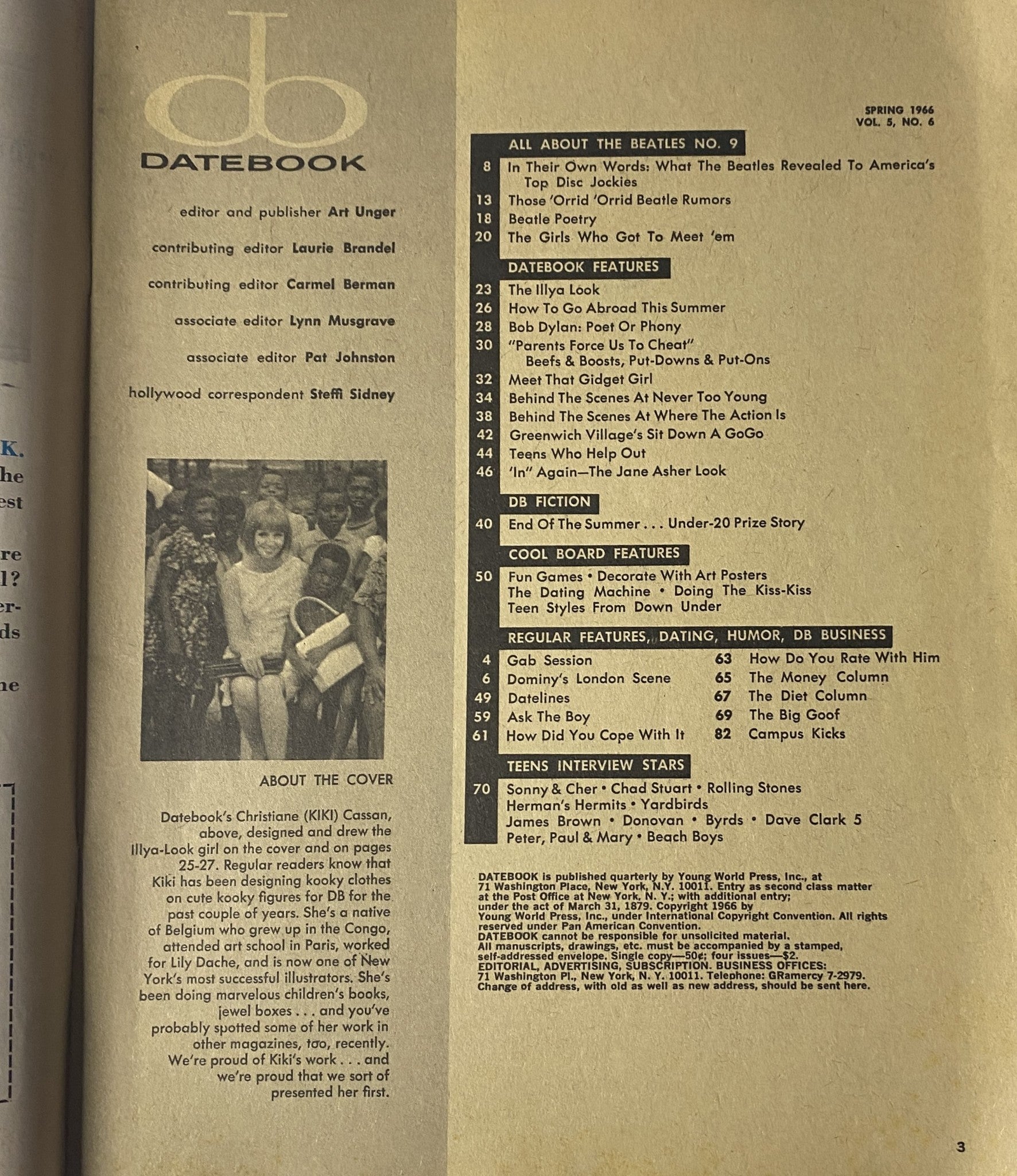 Editorial page from Datebook Magazine Spring 1966 Vol. 5 No. 6 – All About The Beatles, showcasing the magazine's layout and content highlights.