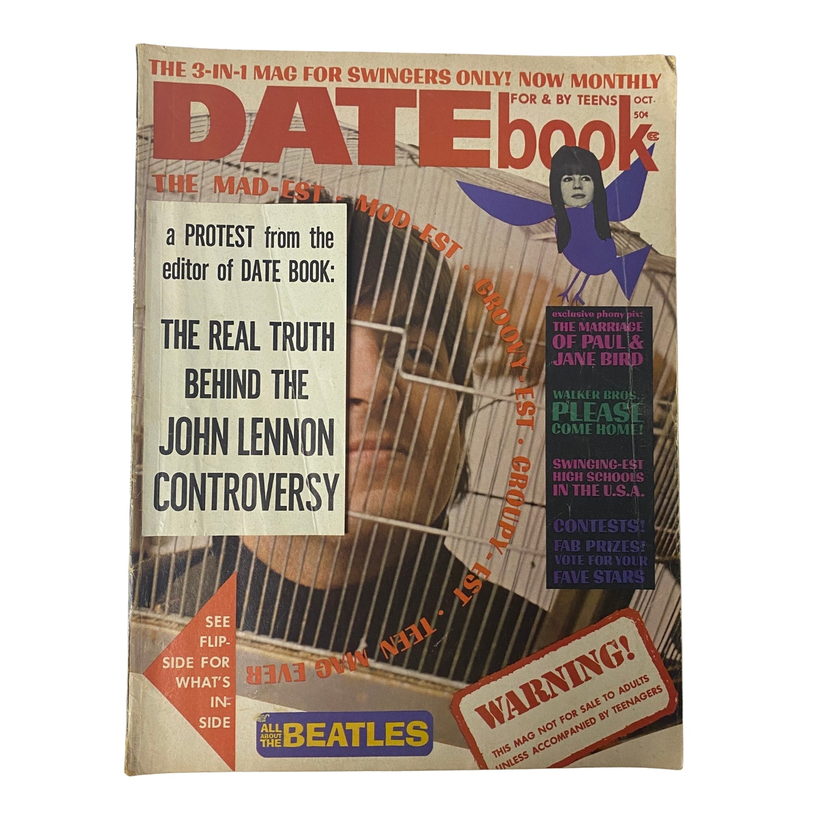 Cover of Datebook Magazine October 1966 Vol 5 No. 9 featuring a protest about John Lennon controversy, including content about Paul McCartney and illustrations related to the Beatles.
