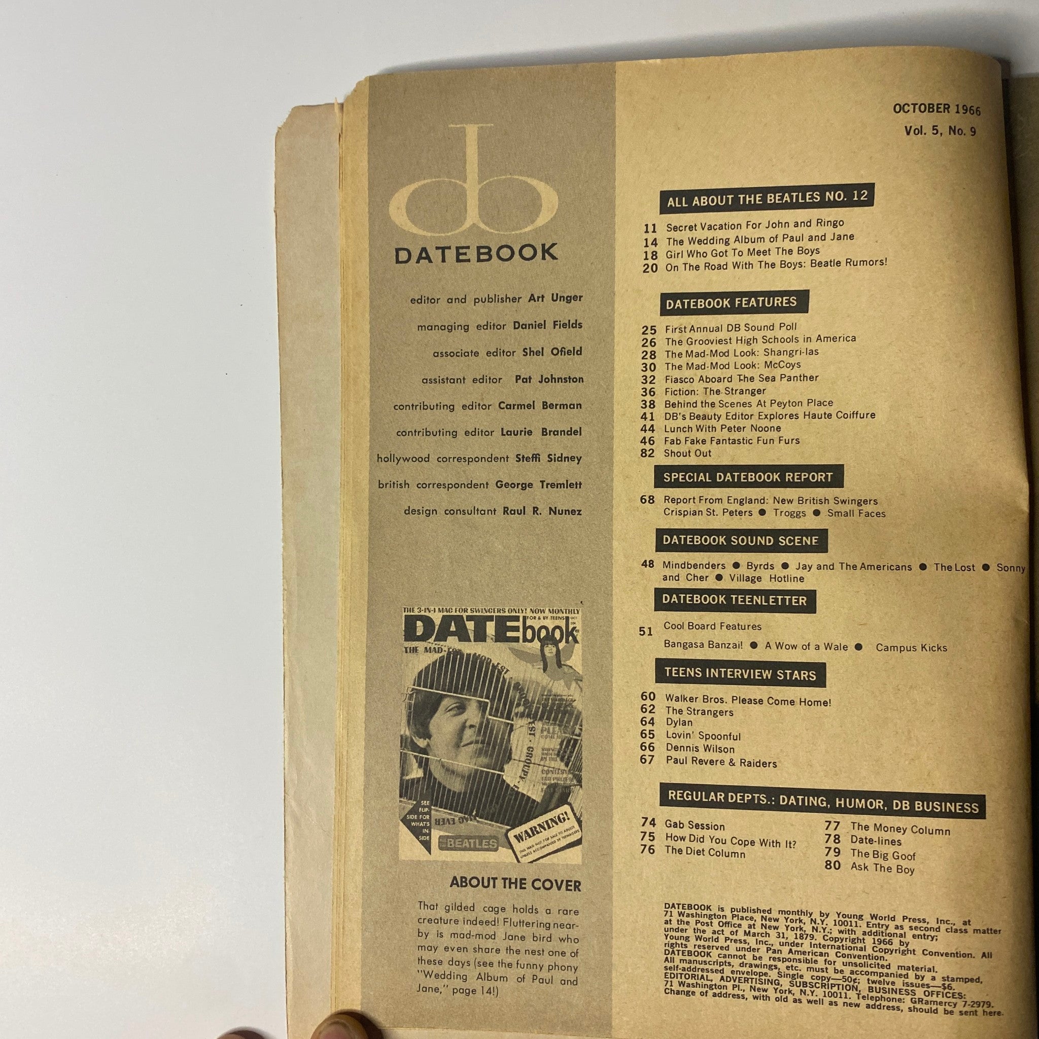 Inside page of Datebook Magazine October 1966 Vol 5 No. 9 displaying the Table of Contents, highlighting features including All About The Beatles and other segments of interest.