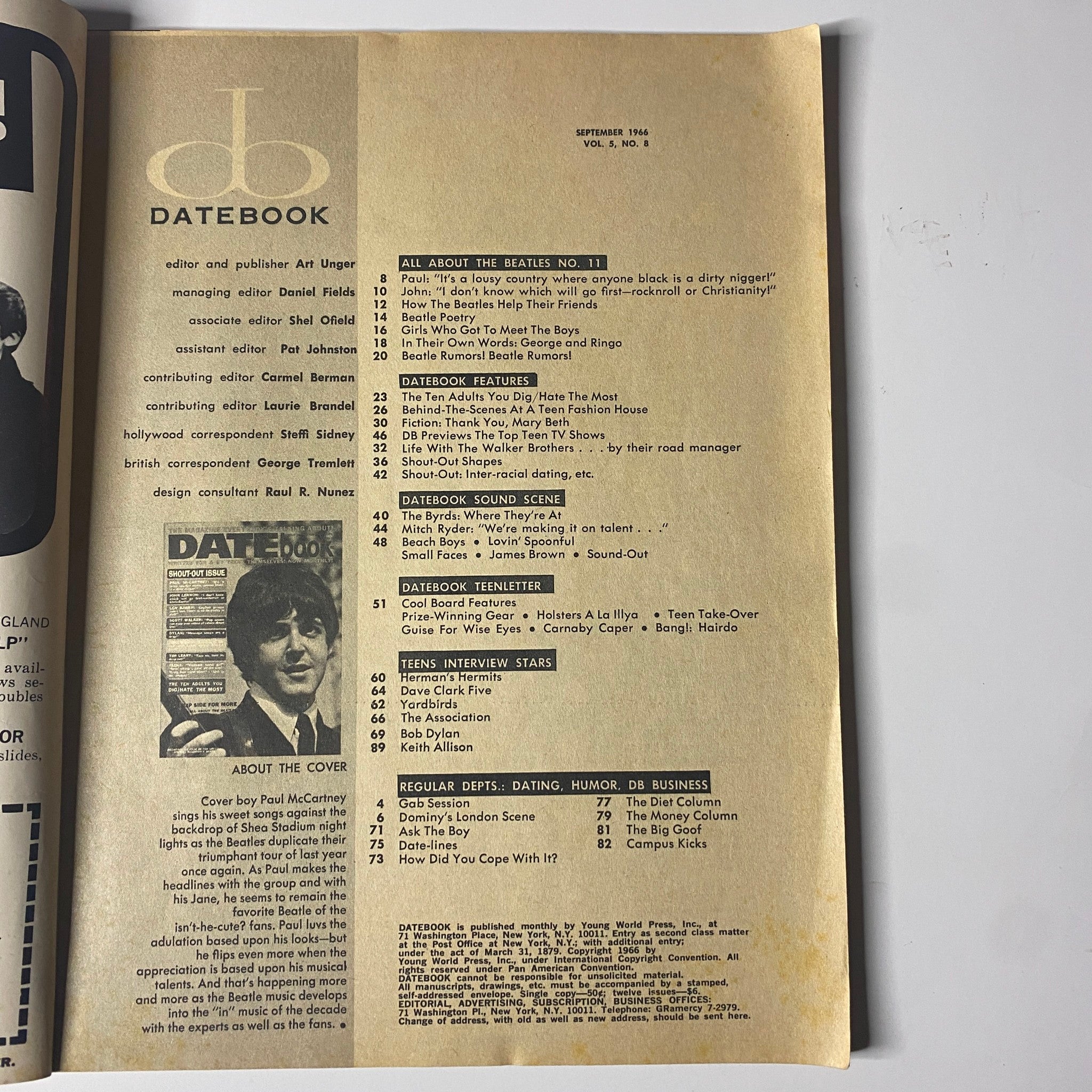 Inside page of Datebook Magazine September 1966 Vol 5 No. 8, displaying the table of contents including 'All About The Beatles' section.