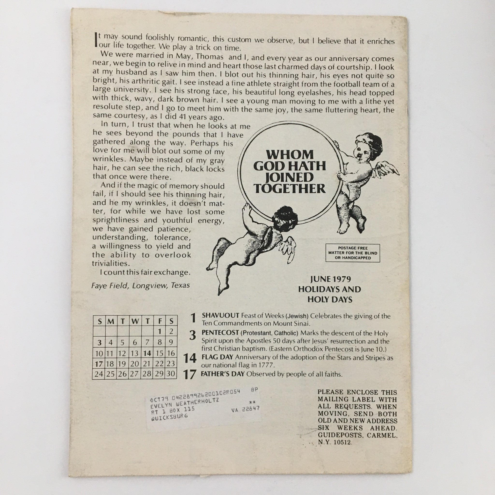 Back cover of Guideposts Magazine June 1979, showing holiday and holy day calendar, with a text excerpt discussing love and connection.