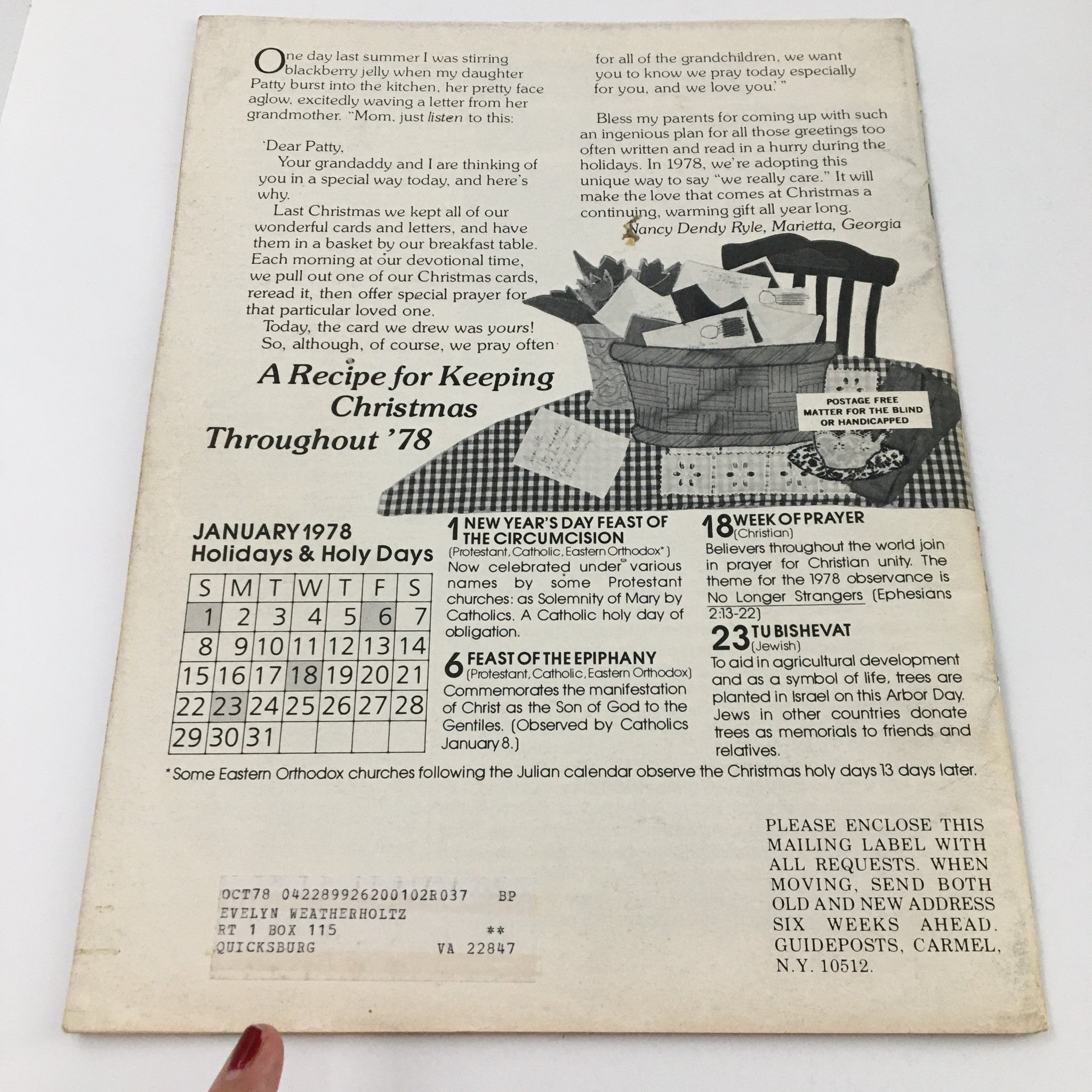 Back cover of Guideposts Magazine January 1978, displaying holiday calendar and recipe notes, providing insights into the cultural atmosphere of the time.