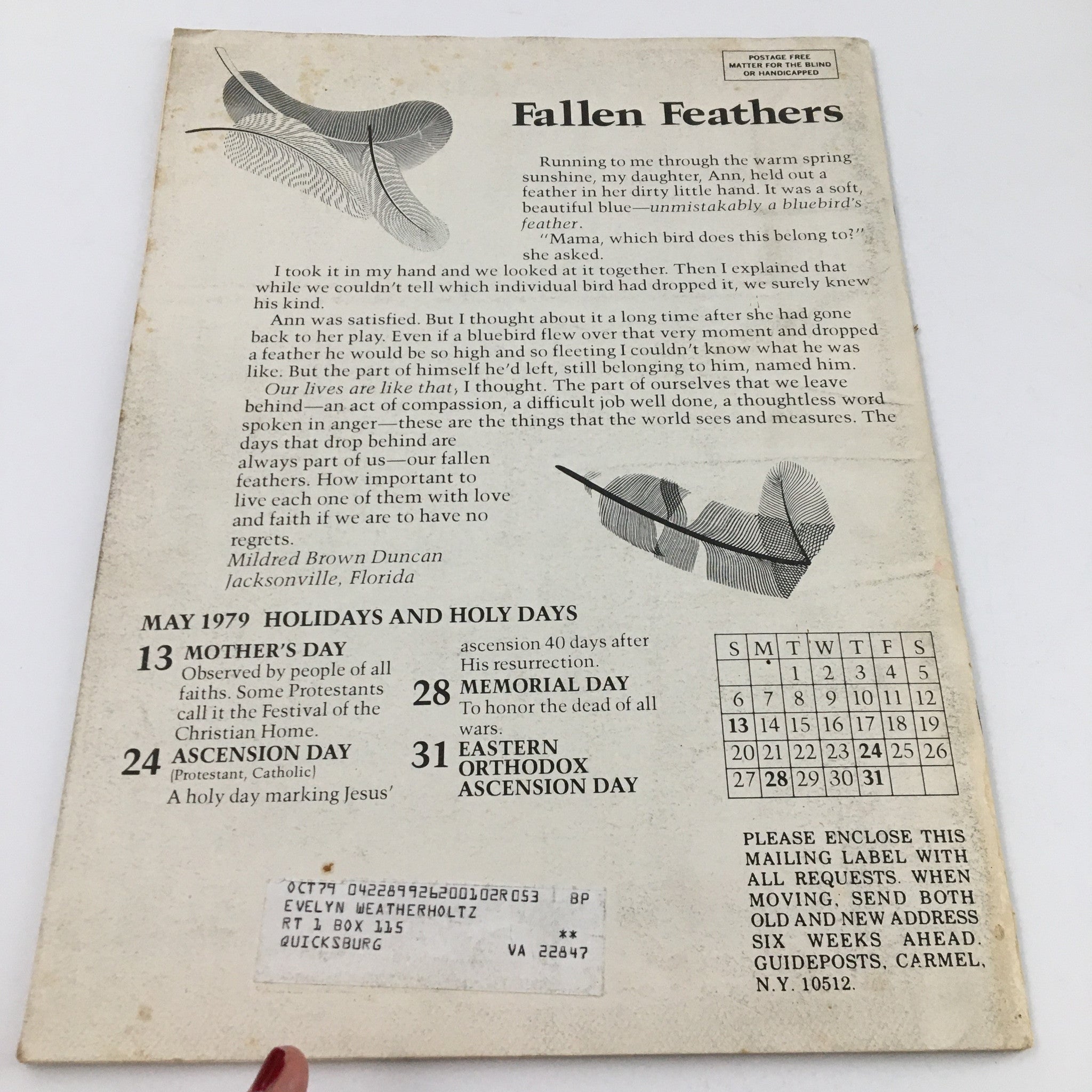 Back cover of Guideposts Magazine May 1979 featuring the article 'Fallen Feathers' by Mildred Brown Duncan, with a listing of holidays and holy days.