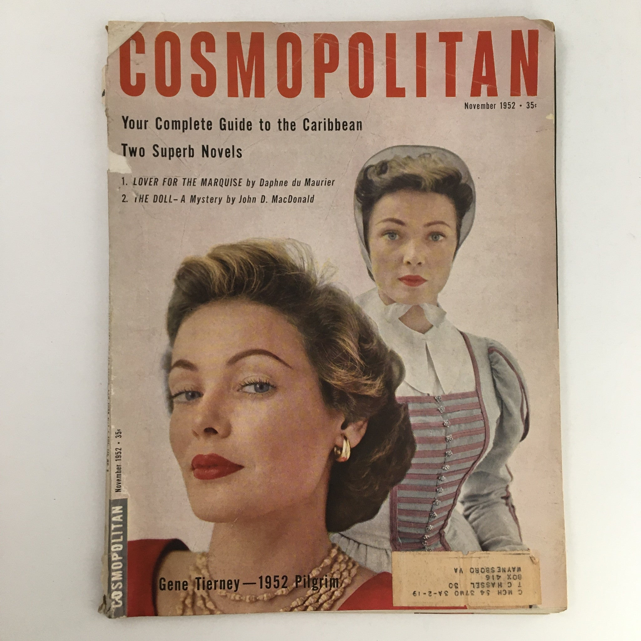 Cosmopolitan Magazine November 1952 cover featuring Gene Tierney and the mystery novel 'The Doll'. Highlighting vintage style from the 1950s.