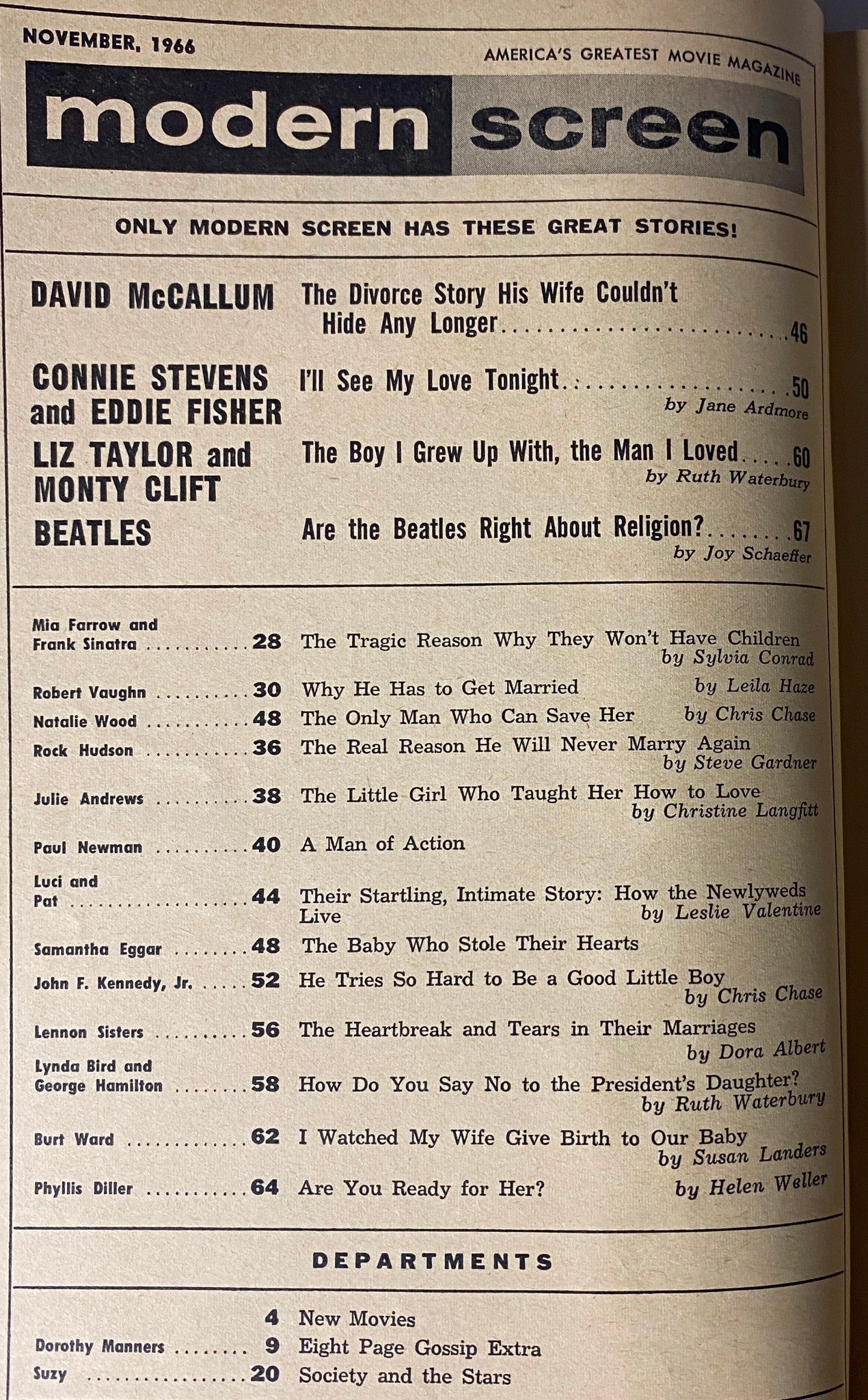Inside page of Modern Screen Magazine from November 1966 detailing articles including David McCallum's divorce and the Lennon Sisters' struggles, reflecting the era's Hollywood gossip and star stories.