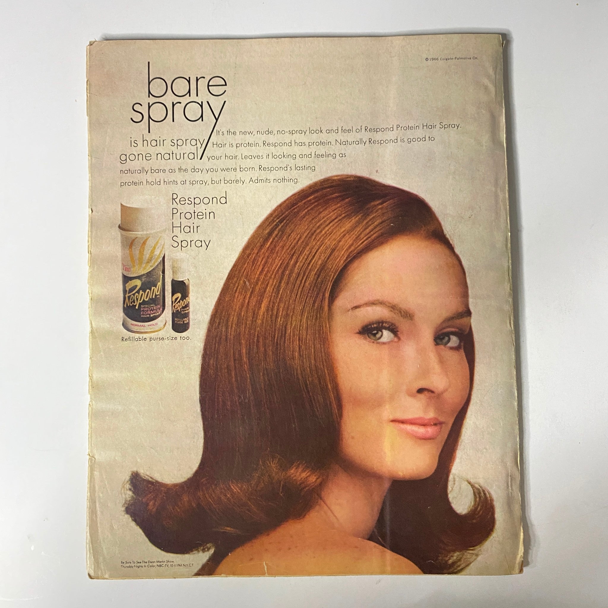Back cover of Modern Screen Magazine from November 1966 featuring an advertisement for Respond Protein Hair Spray, demonstrating 1960s hair care trends.