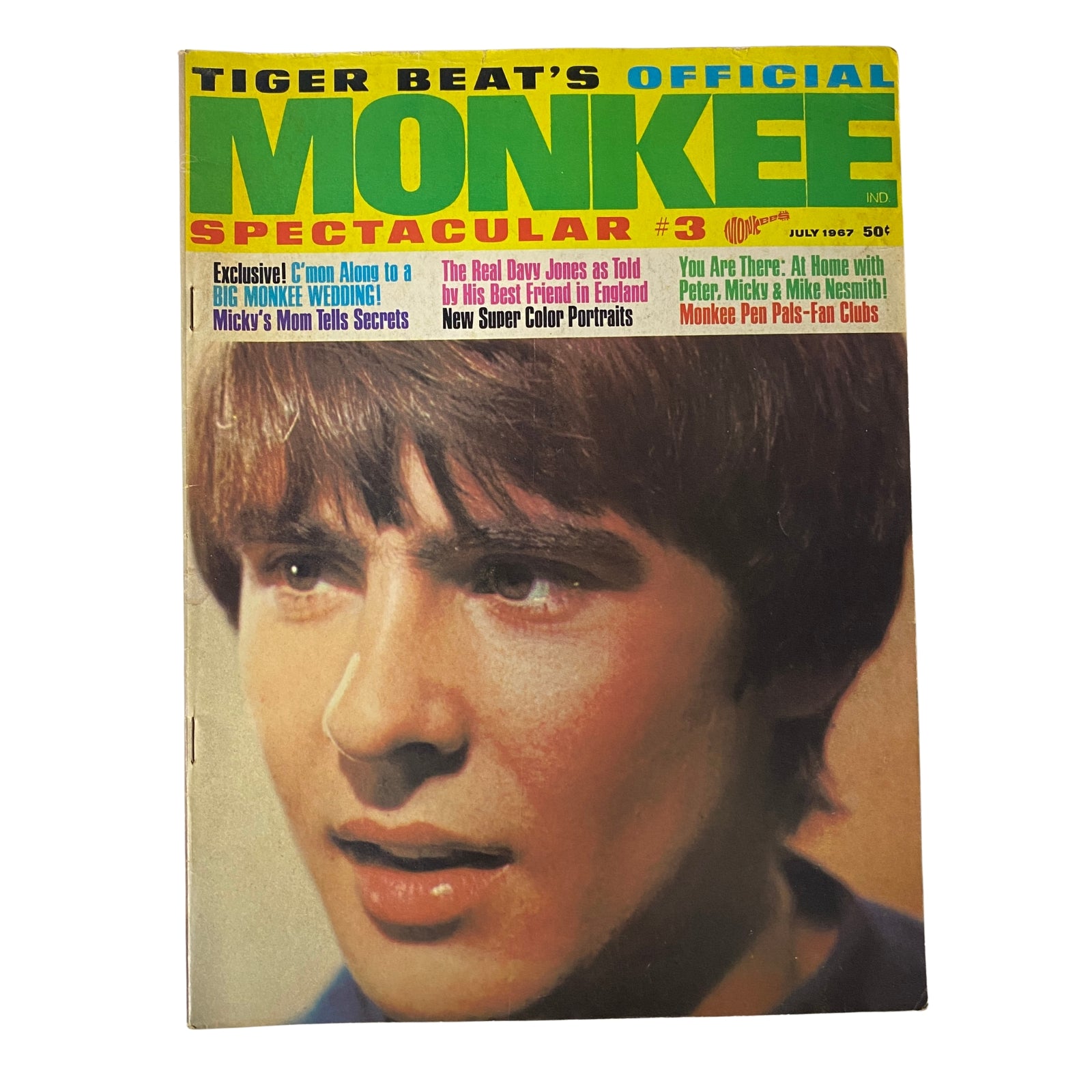 Cover of Tiger Beat's Official July 1967 #3 Monkee Spectacular, featuring a young Monkee member on the front. Captures the essence of 1960s pop culture and Monkeemania.