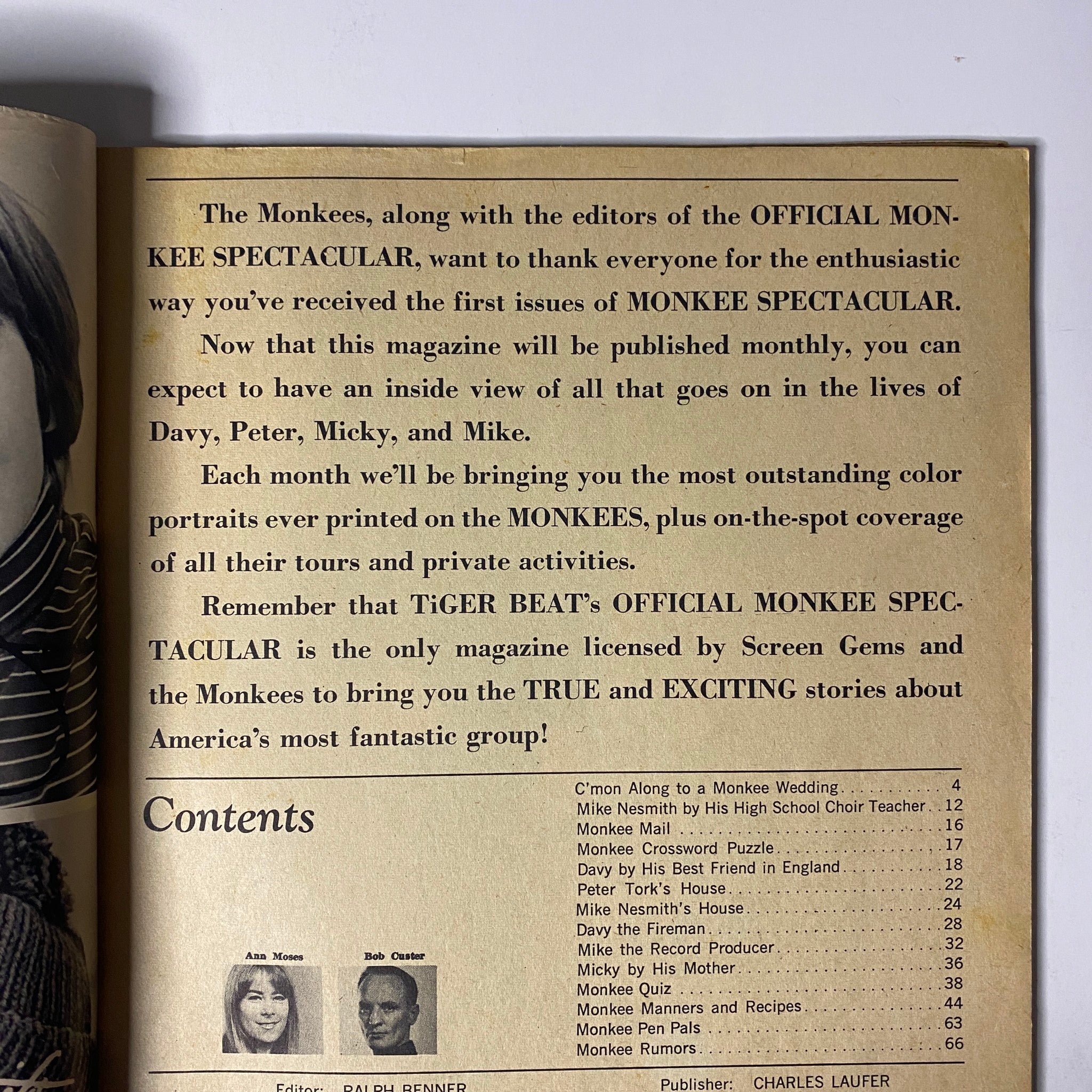 Inside page of Tiger Beat's Official July 1967 #3 Monkee Spectacular, displaying the magazine's contents and editor's notes, highlighting exclusive features and stories about the Monkees.