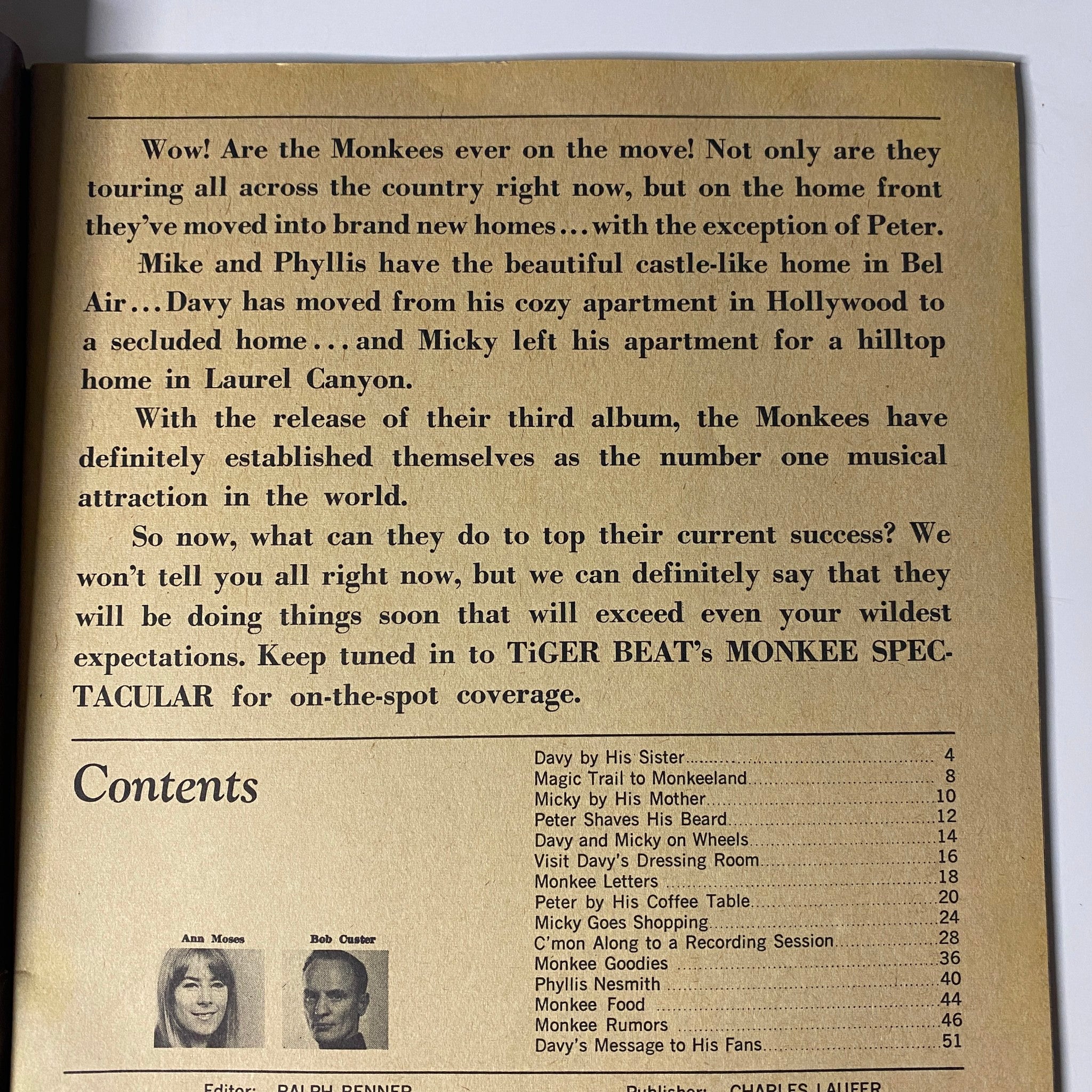 Inside page of Tiger Beat's Official August 1967 #4 Monkee Spectacular showcasing the contents with an overview of articles about the Monkees and their lives.