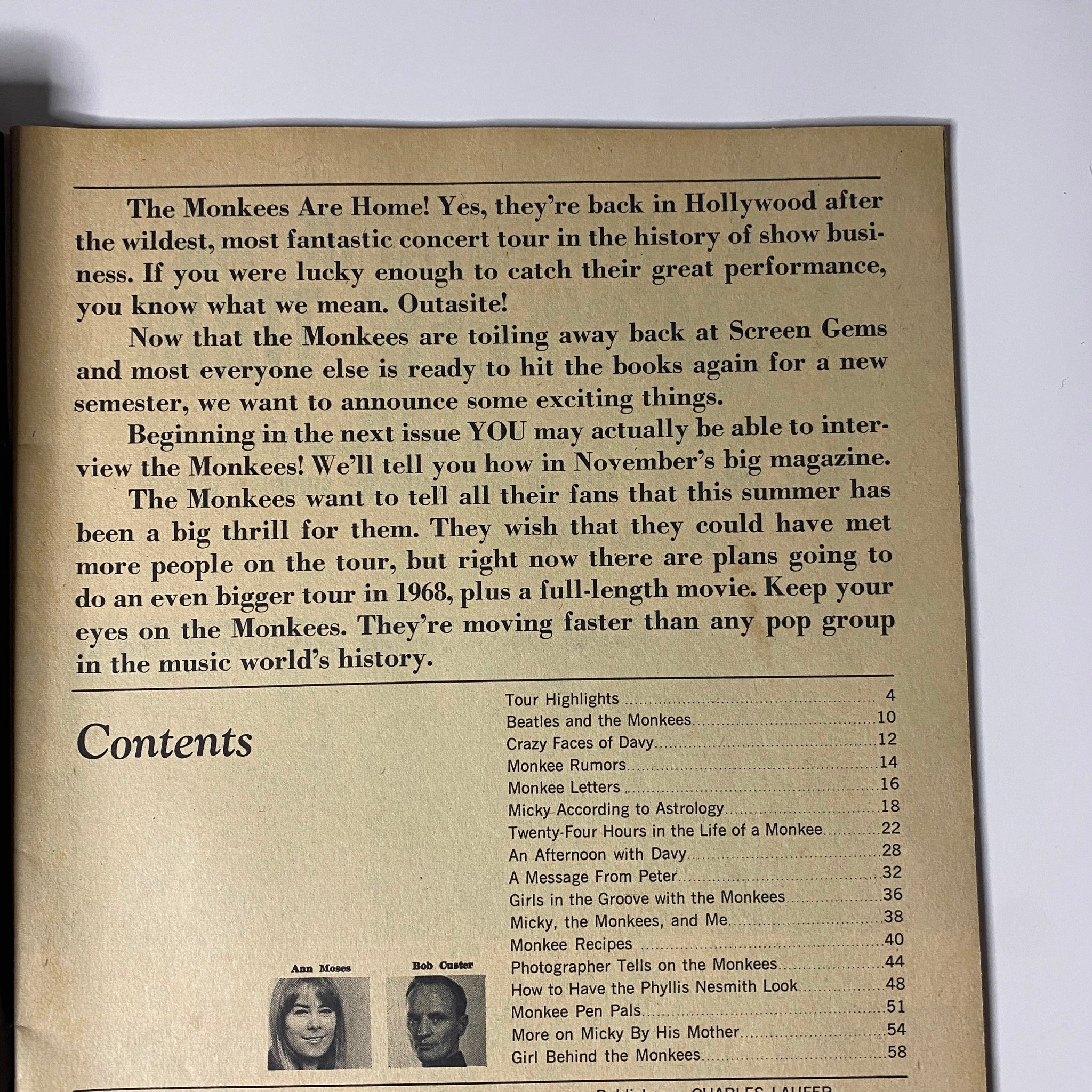 Inside page of Tiger Beat's Official October 1967 #6 Monkee Spectacular showing the contents section with details about the Monkees.