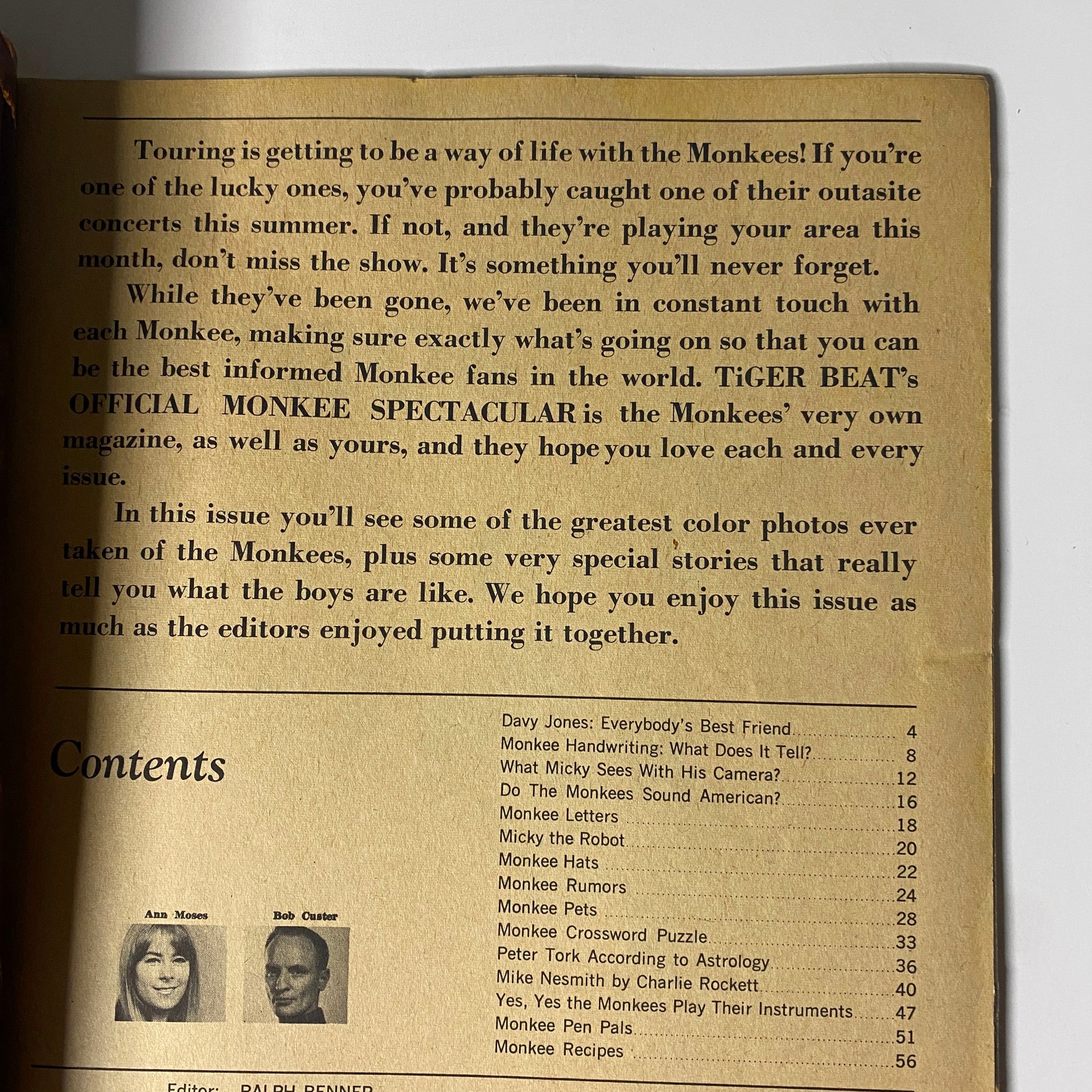 Interior page of Tiger Beat's Official September 1967 #5 Monkee Spectacular displaying the contents section and introduction.