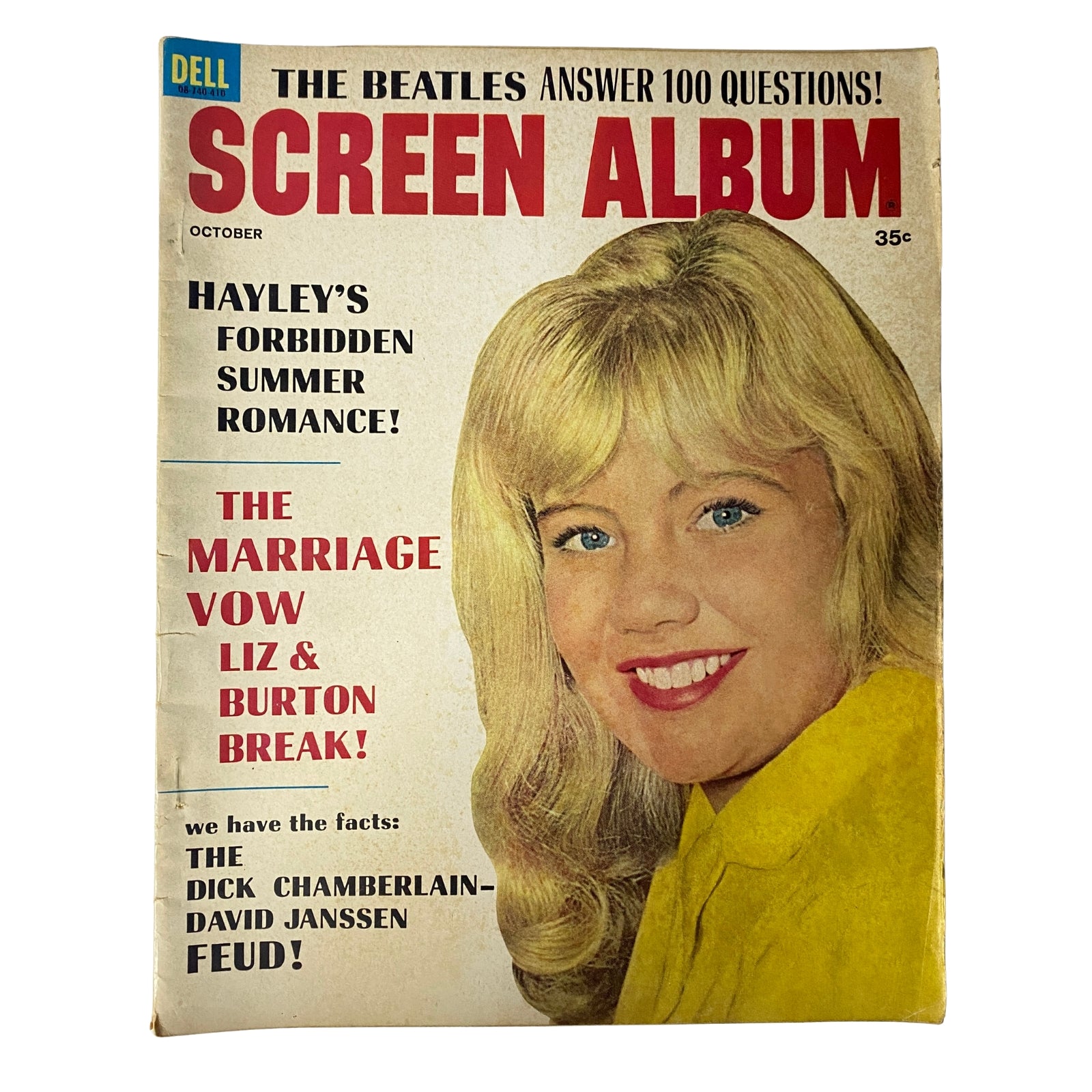 Cover of Screen Album Magazine from October 1964 featuring Hayley Mills, highlighting her forbidden summer romance, along with teasers for stories about Elizabeth Taylor and Richard Burton's marriage vow and other Hollywood gossip.