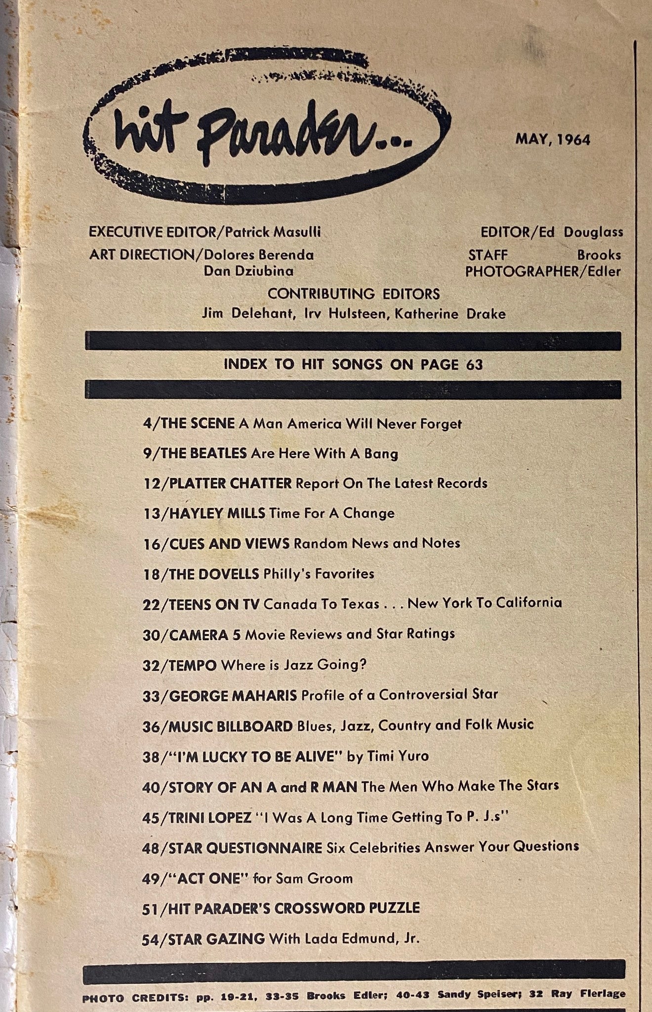 Index page of Hit Parader Magazine May 1964, listing featured articles including The Beatles and Hayley Mills. This page captures the essence of 1960s music and entertainment.