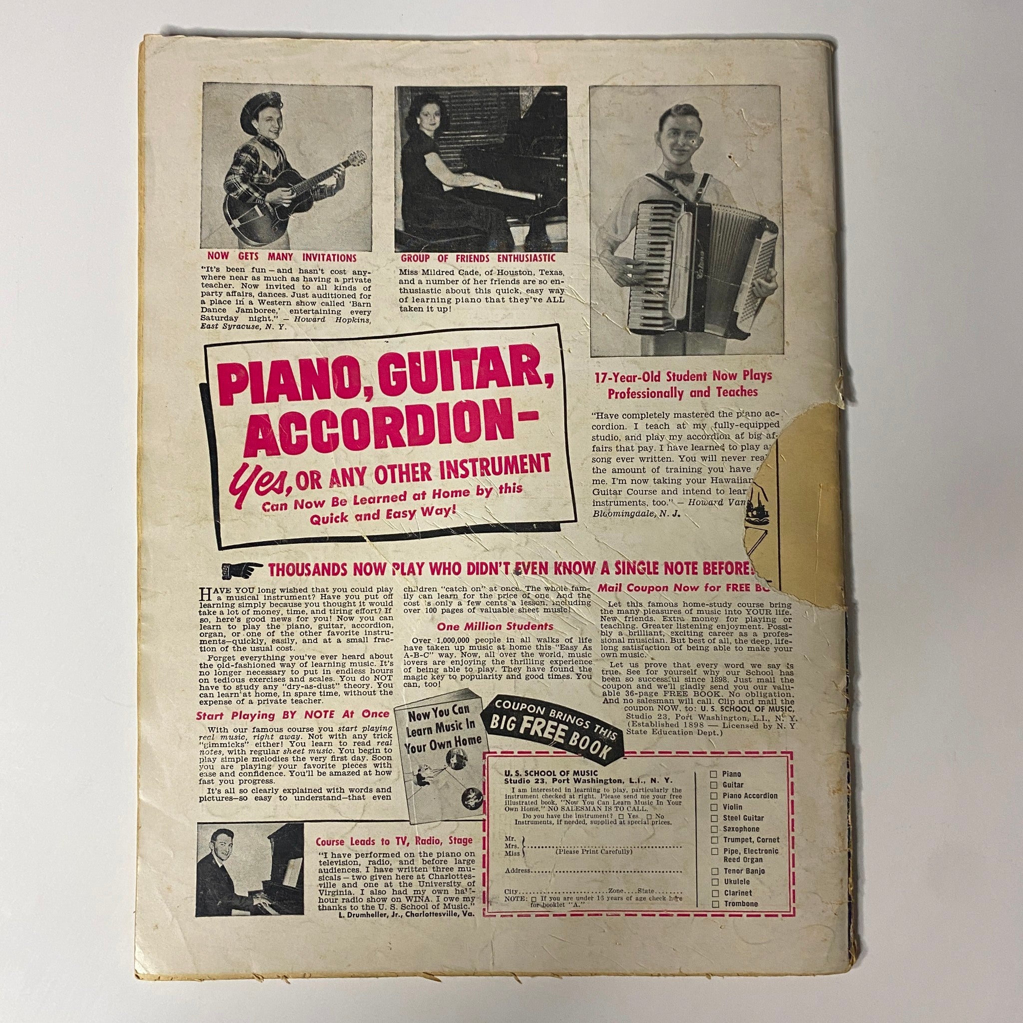 Back cover of Hit Parader Magazine May 1964 promoting music instruments such as piano, guitar, and accordion. This advertisement reflects the musical trends of the era.