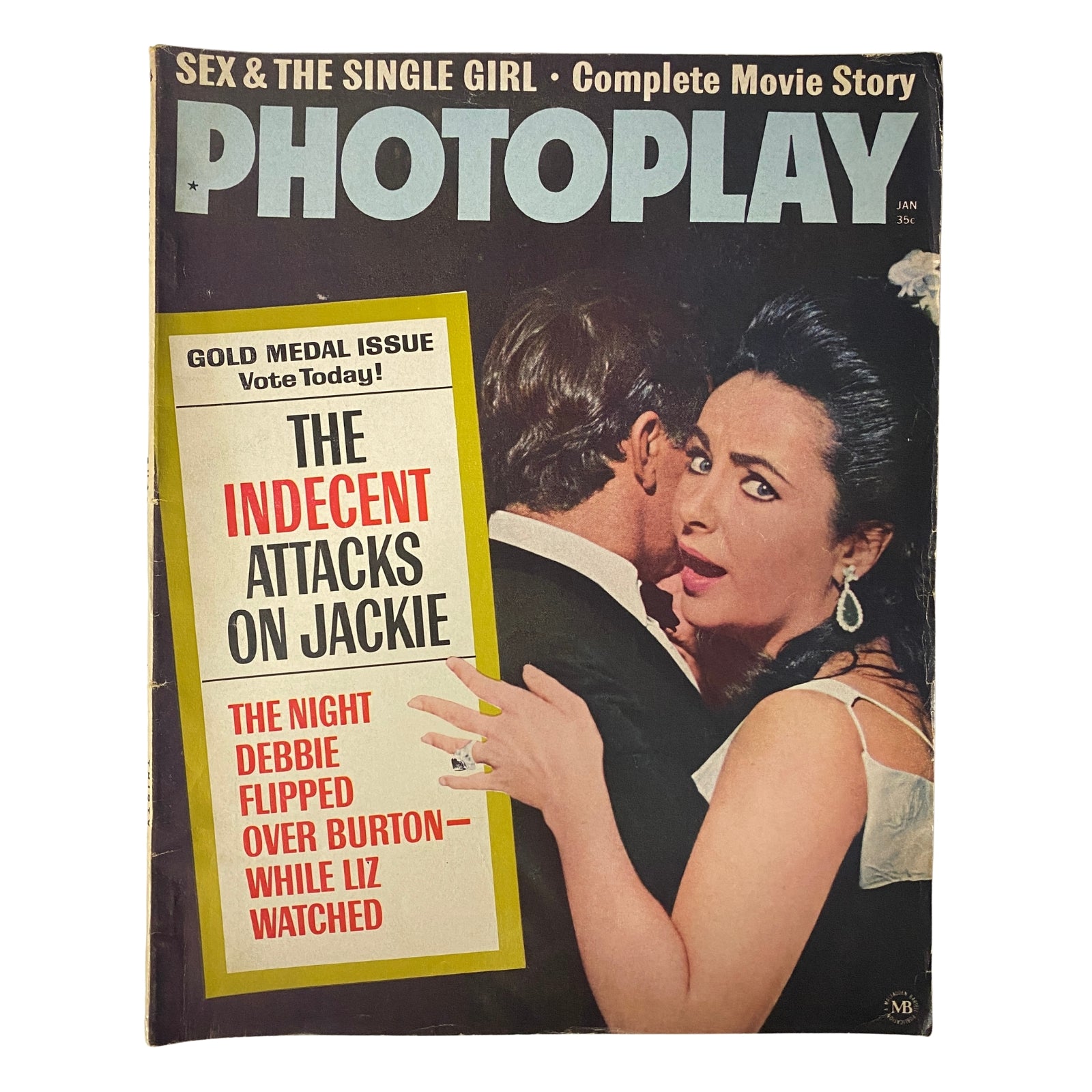 Cover of Photoplay Magazine January 1965 Vol 67 No. 1 featuring headline 'The Indecent Attacks on Jackie' with a dramatic image of a woman in a glamorous outfit and a man in the background, showcasing the allure of mid-1960s Hollywood.