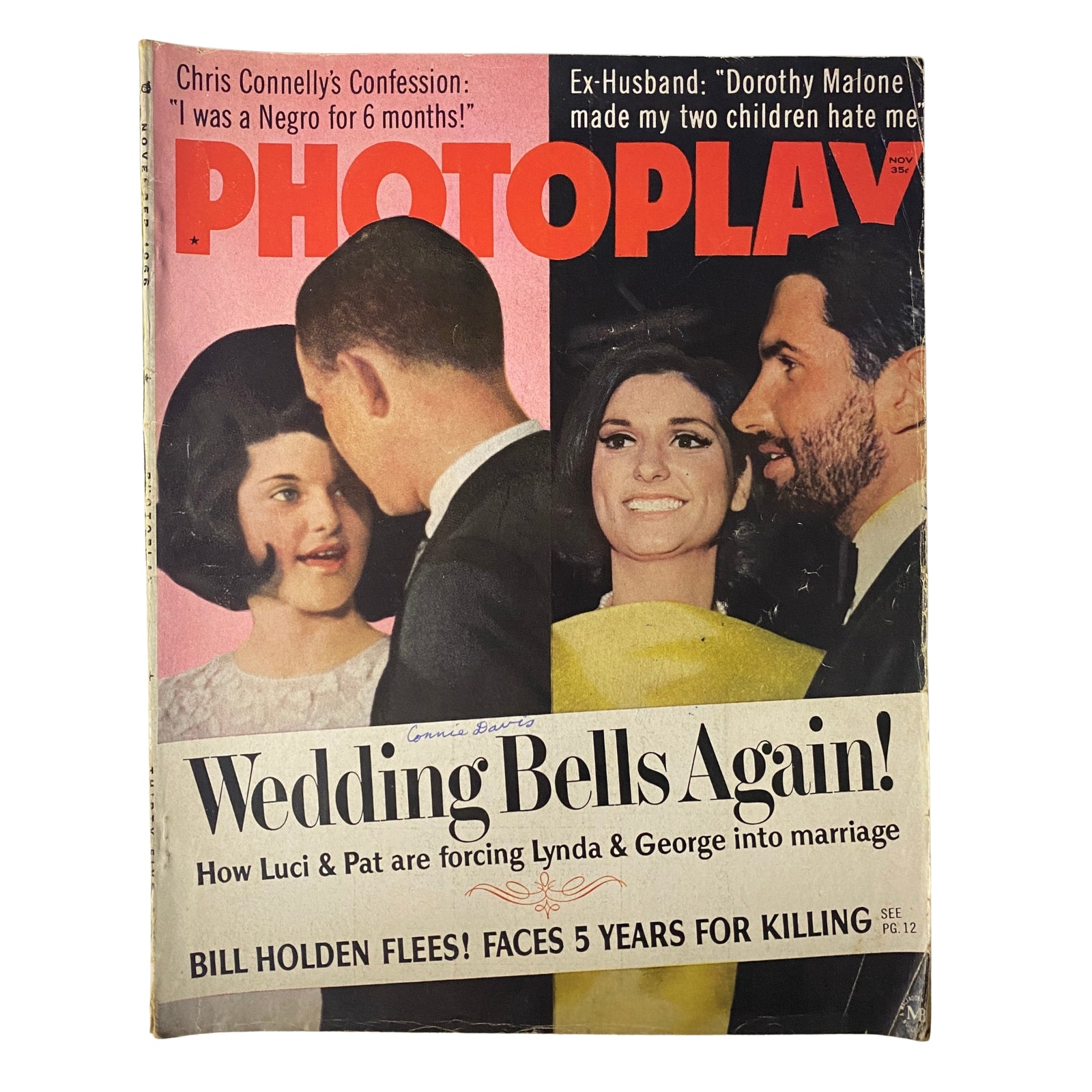 Photoplay Magazine November 1966 featuring cover story 'Wedding Bells Again!' about Luci & Pat and Lynda & George, with Bill Holden's confession and a striking vintage design.