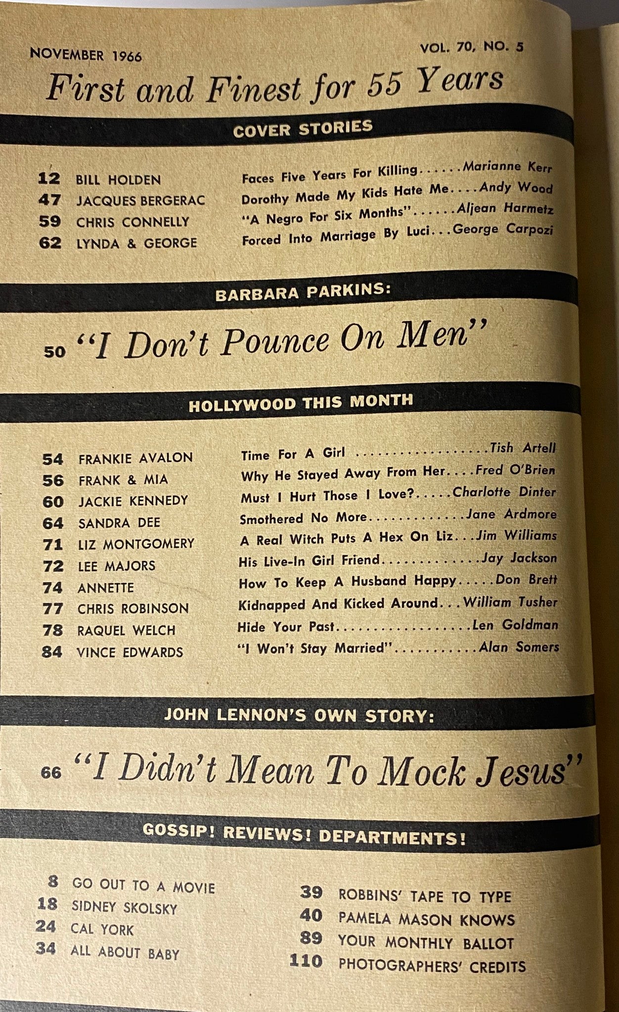 Inside of Photoplay Magazine November 1966 showcasing contents including cover stories, a special feature on Barbara Parkins, and John Lennon’s confession, highlighting the magazine's 55-year history.