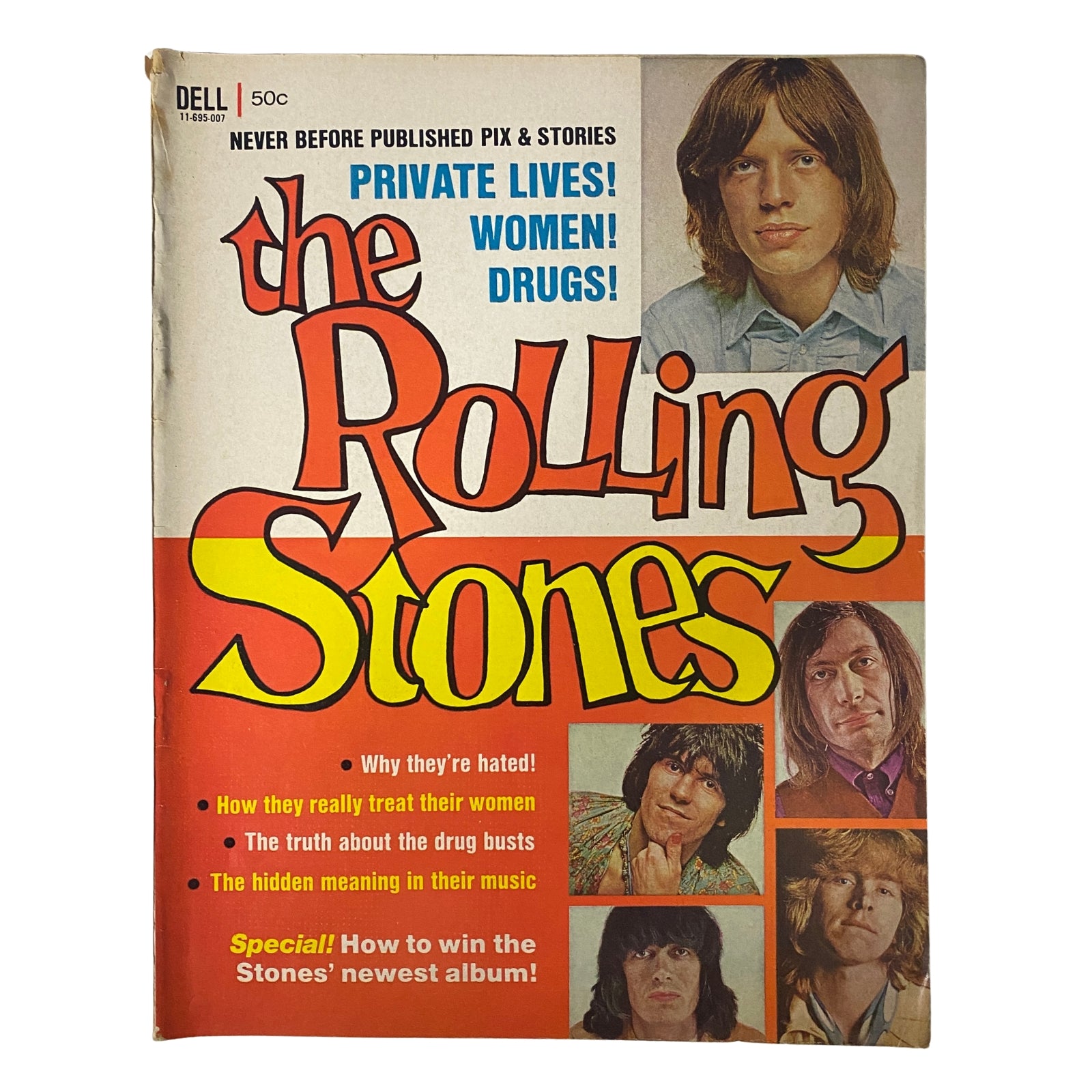 The Rolling Stones Magazine 1970 featuring Mick Jagger and Mick Taylor on the cover, highlighting topics like private lives, relationships, and drug controversies.