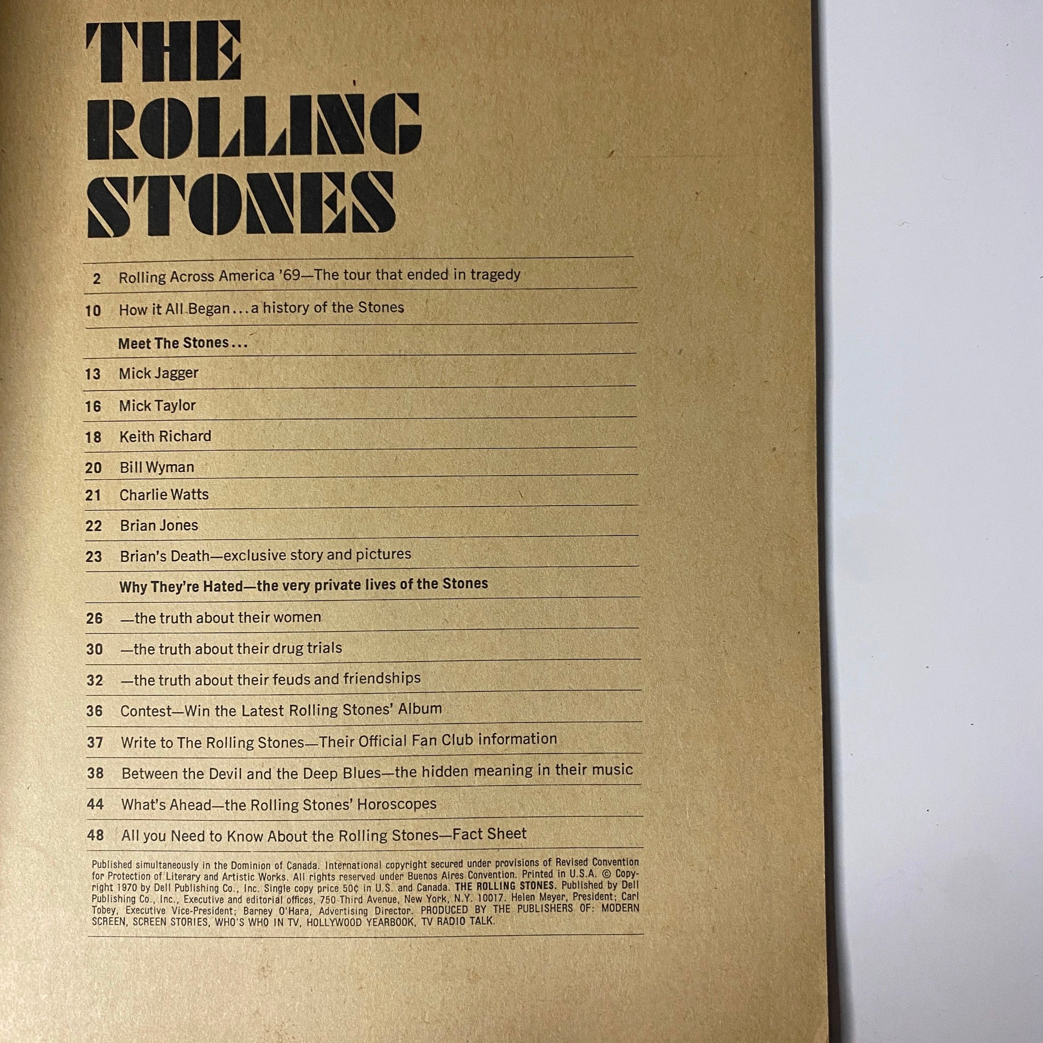 Table of contents for The Rolling Stones Magazine 1970, showcasing articles on the band's history, profiles, and behind-the-scenes insights.