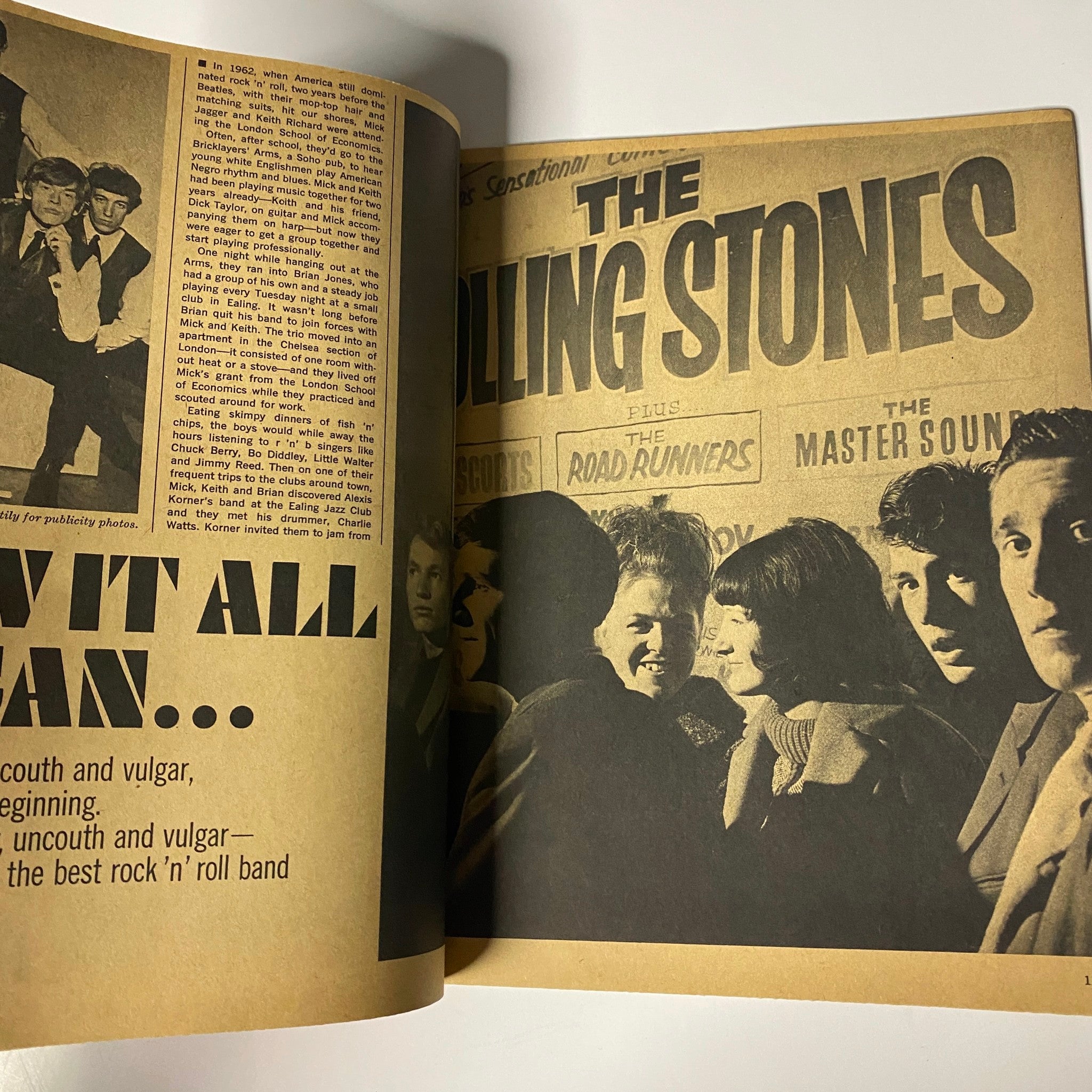 An interior page from The Rolling Stones Magazine 1970, discussing the origins of the band with images and bold graphic design.