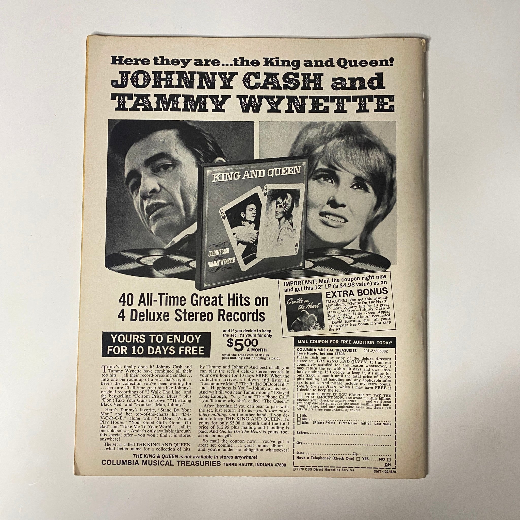 An advertisement from The Rolling Stones Magazine 1970 featuring Johnny Cash and Tammy Wynette, promoting their music albums.