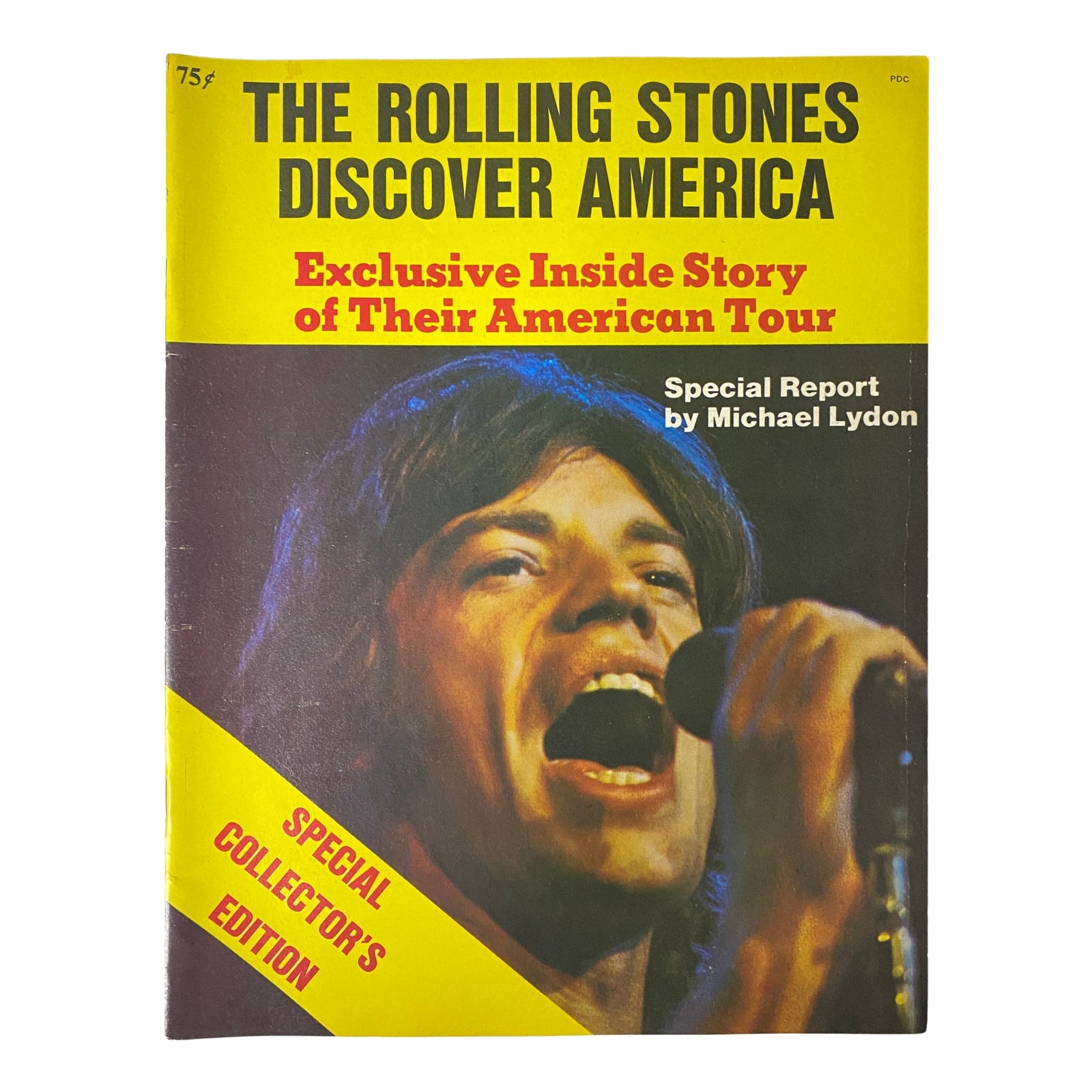Cover of the 1970 The Rolling Stones Discover America magazine featuring a vibrant yellow background and an iconic image of Mick Jagger, highlighting the exclusive inside story of their American tour.