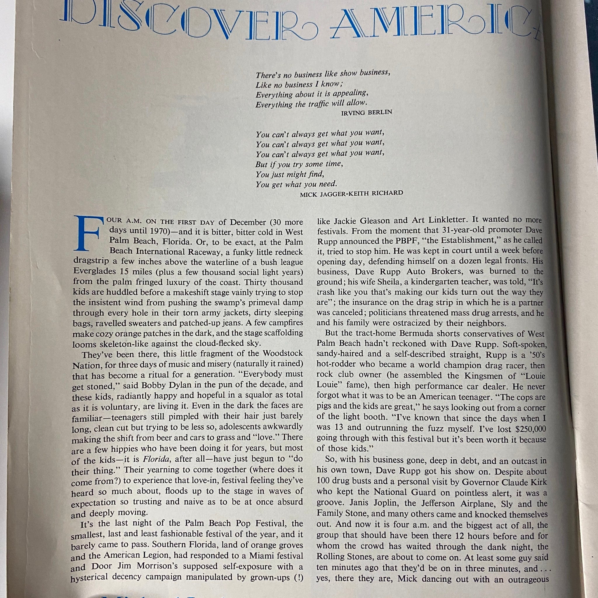 Text page from the 1970 The Rolling Stones Discover America magazine that includes insights from Mick Jagger and Keith Richards on their experiences during the American tour.