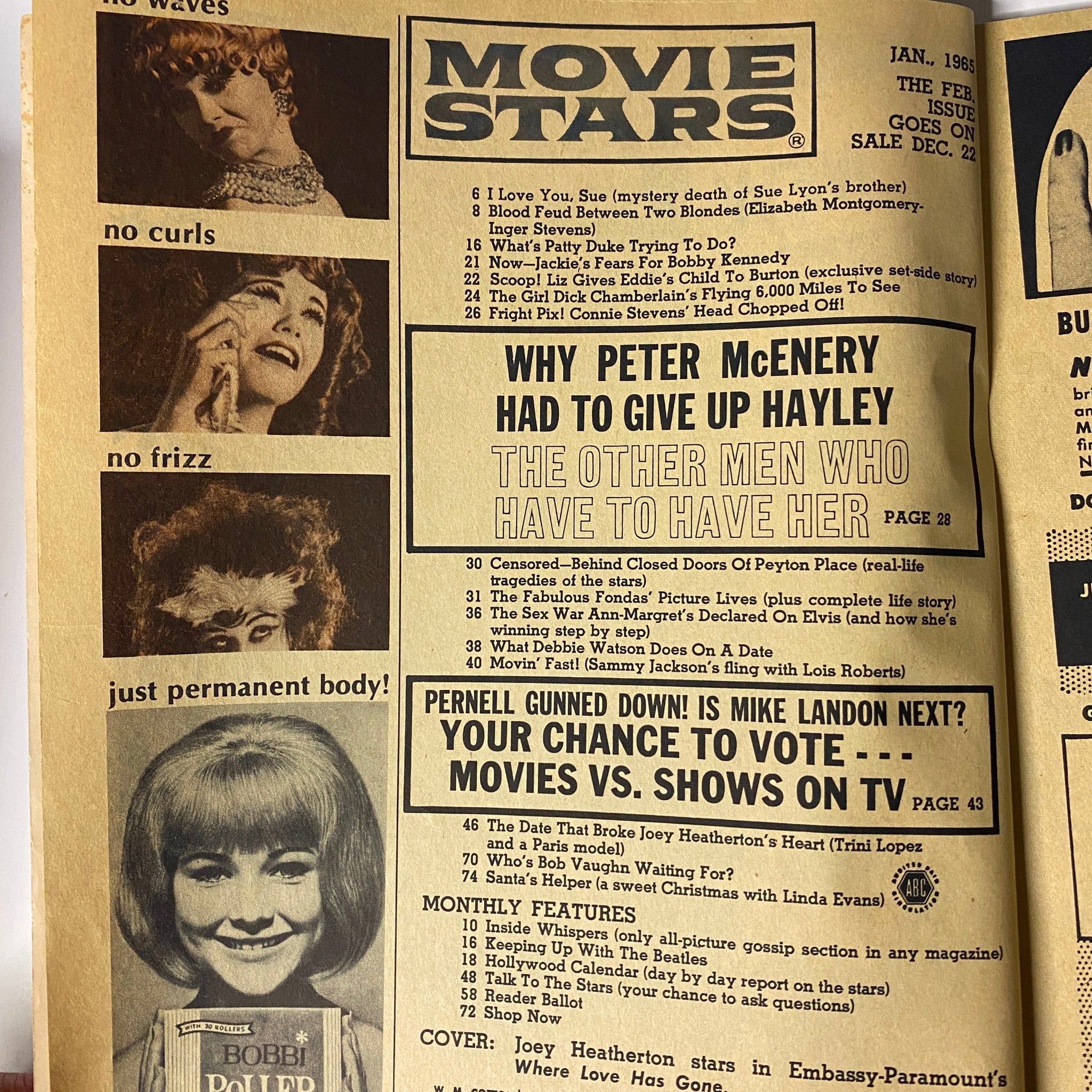 Movie Stars Magazine January 1965 featuring a cover story on actress Joey Heatherton, showcasing articles on Hollywood stars and gossip, with vibrant images and headlines about the entertainment industry.