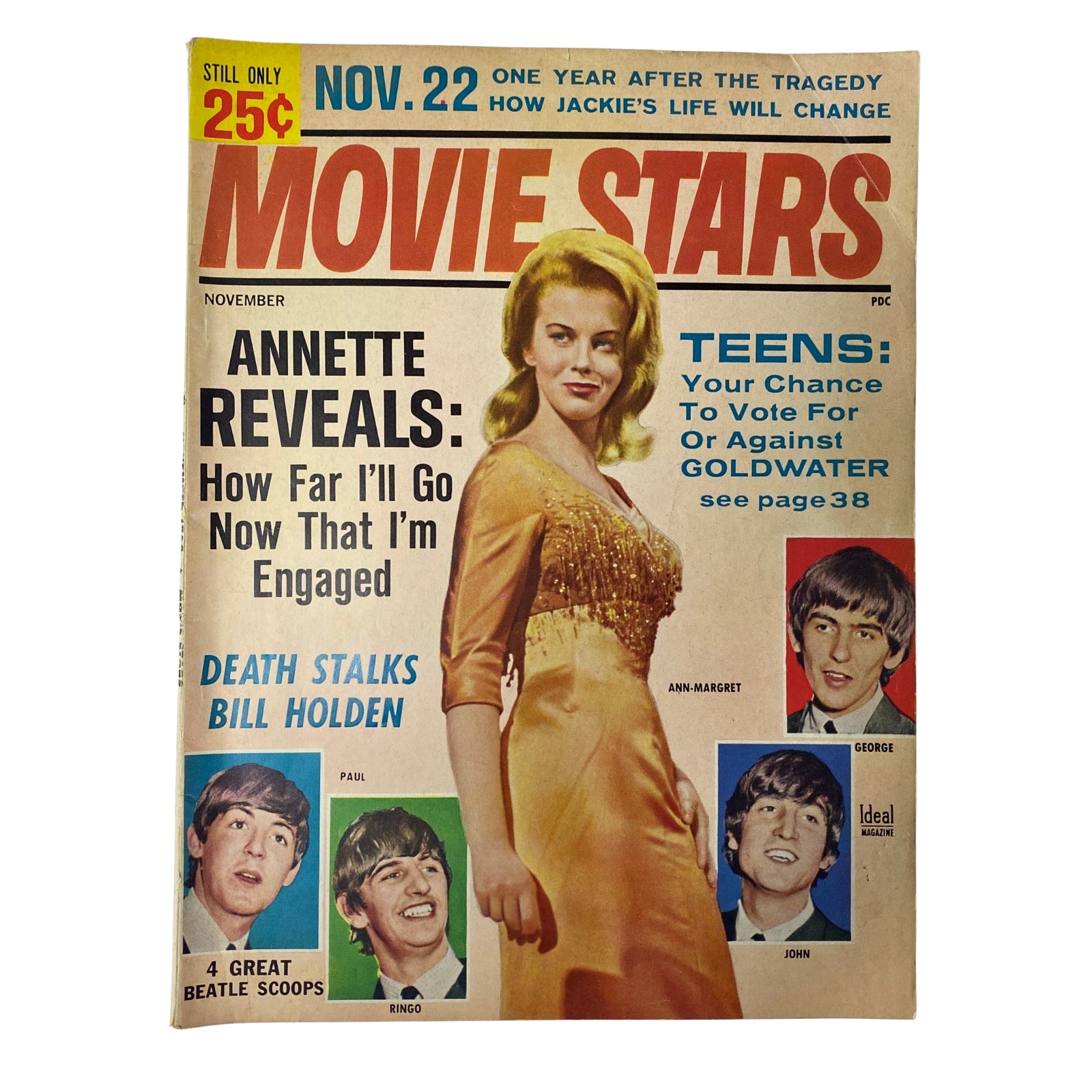Movie Stars Magazine November 1964 featuring Ann-Margret on the cover, and the Beatles pin-ups, including Paul, Ringo, George, and John, with a headline discussing Jackie Kennedy and engaging topics of the 60s.