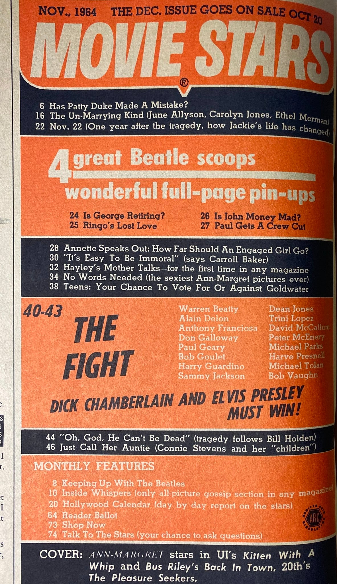 Inside page of Movie Stars Magazine November 1964 detailing four exclusive Beatles scoops, including features on Patty Duke and Hollywood stars, highlighting key articles and the magazine's appeal.
