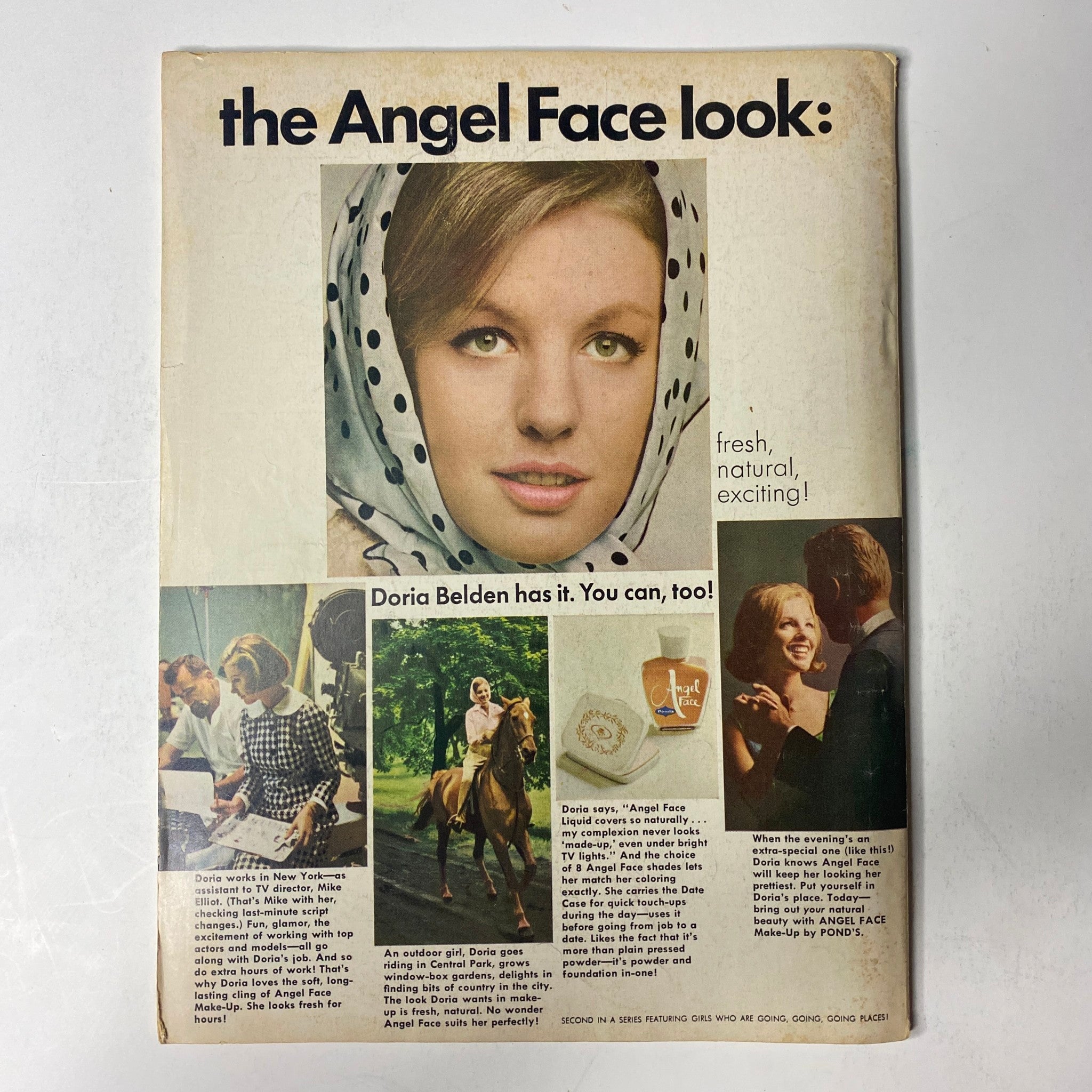 Back cover of Movie Stars Magazine November 1964 showcasing the Angel Face look, featuring Doria Belden and various photos, promoting a fresh and natural beauty style.