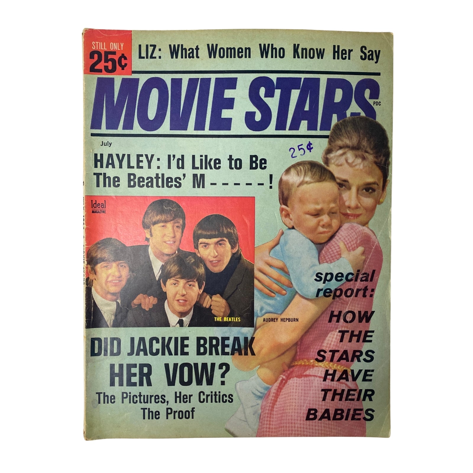 Cover of Movie Stars Magazine July 1964 featuring Audrey Hepburn and The Beatles. Highlights include articles on Jackie Kennedy and Elvis Presley.