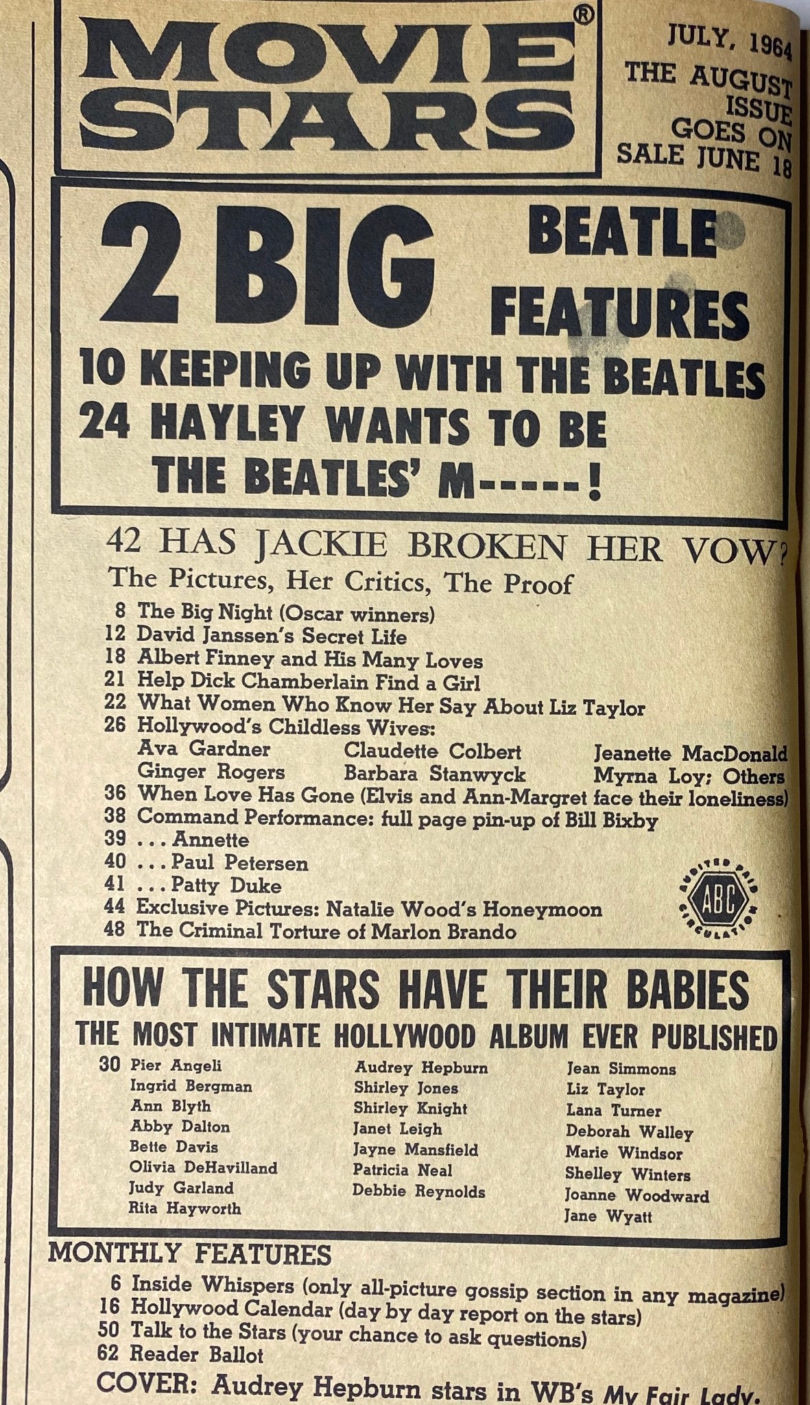 Inside pages of Movie Stars Magazine July 1964 showing Beatles features, including 'Keeping Up With The Beatles' and spotlight on Hollywood stars.