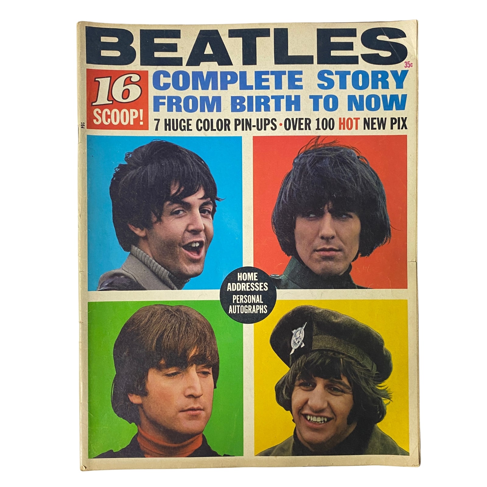Cover of the 1965 16 Scoop: Beatles Complete Story from Birth to Now featuring photos of Paul McCartney, George Harrison, John Lennon, and Ringo Starr.