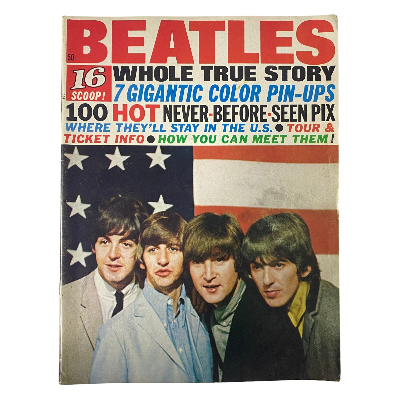 Cover of the '1966 16 Scoop: The Beatles Whole True Story' magazine featuring The Beatles against an American flag background, highlighting 7 gigantic color pin-ups and 100 never-before-seen pictures.