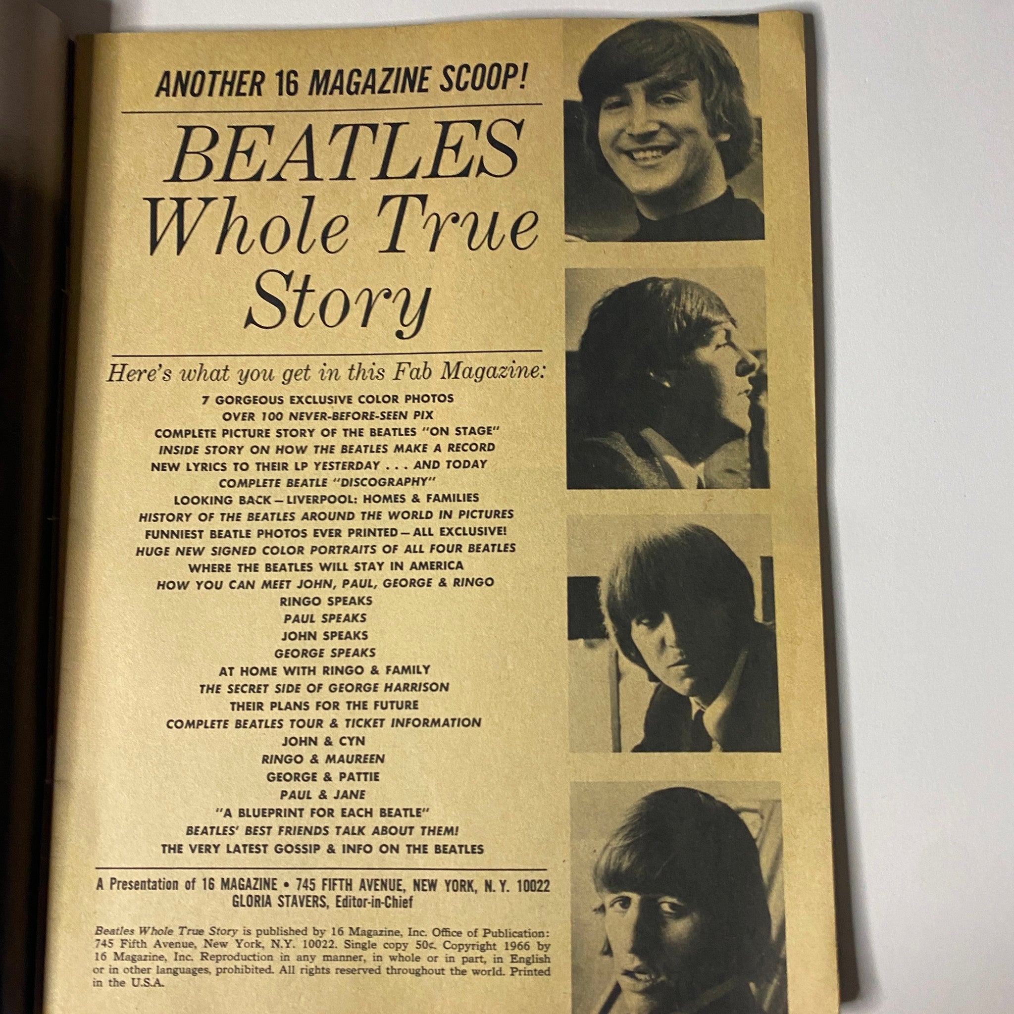 Inside page of the '1966 16 Scoop: The Beatles Whole True Story' magazine showcasing featured content like exclusive color photographs and insider stories about The Beatles.