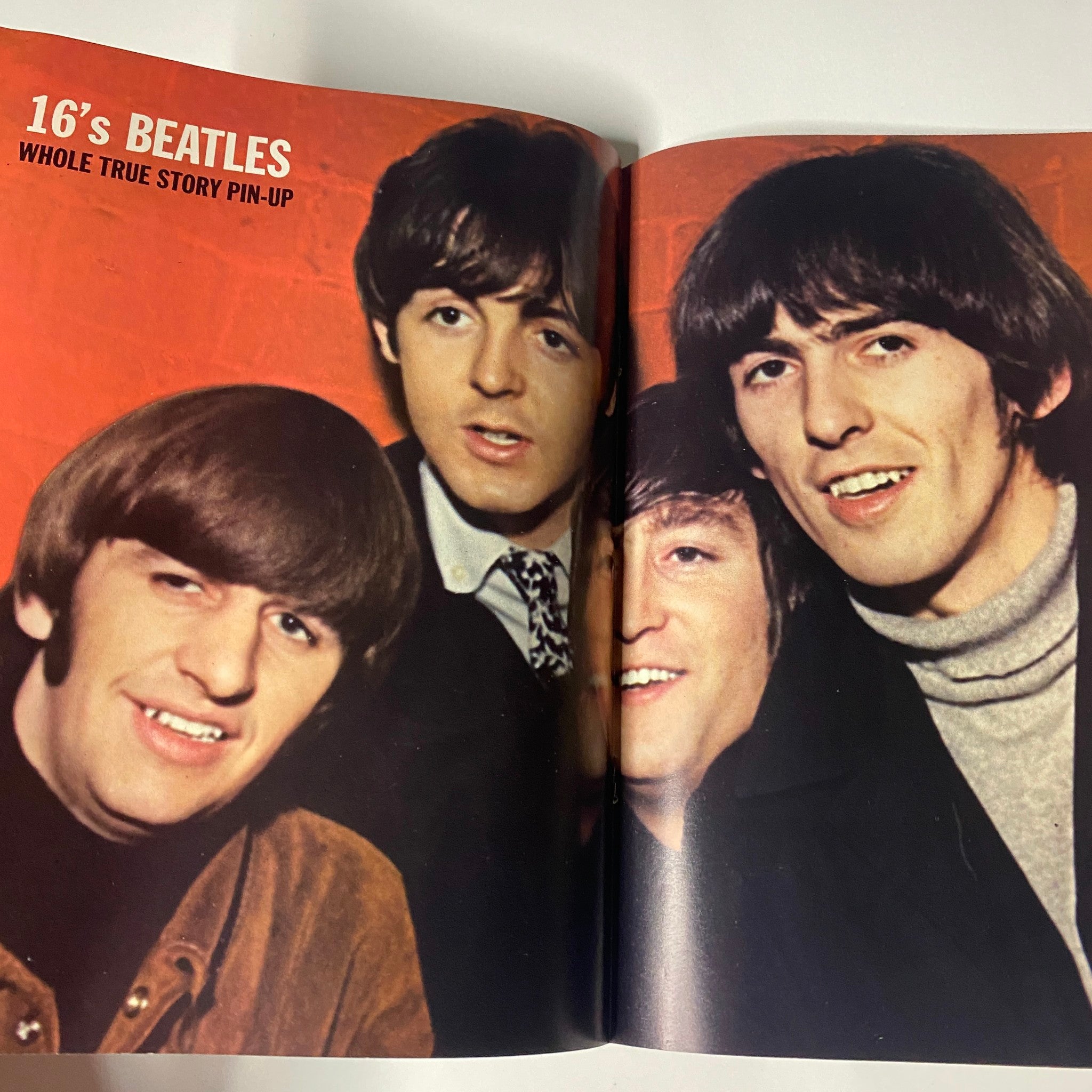 1966 16 Scoop: The Beatles Whole True Story pin-up featuring Paul McCartney, John Lennon, George Harrison, and Ringo Starr, capturing the essence of Beatlemania with vibrant imagery.