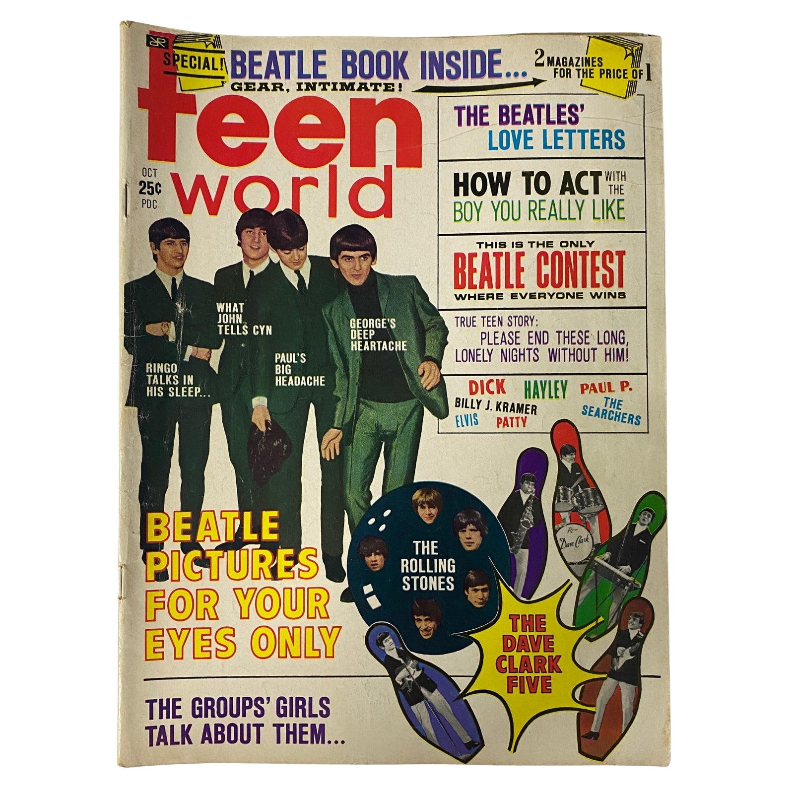 Teen World Magazine October 1964 The Beatles Cover showcasing The Fab Four with playful articles and features about their lives during Beatlemania.