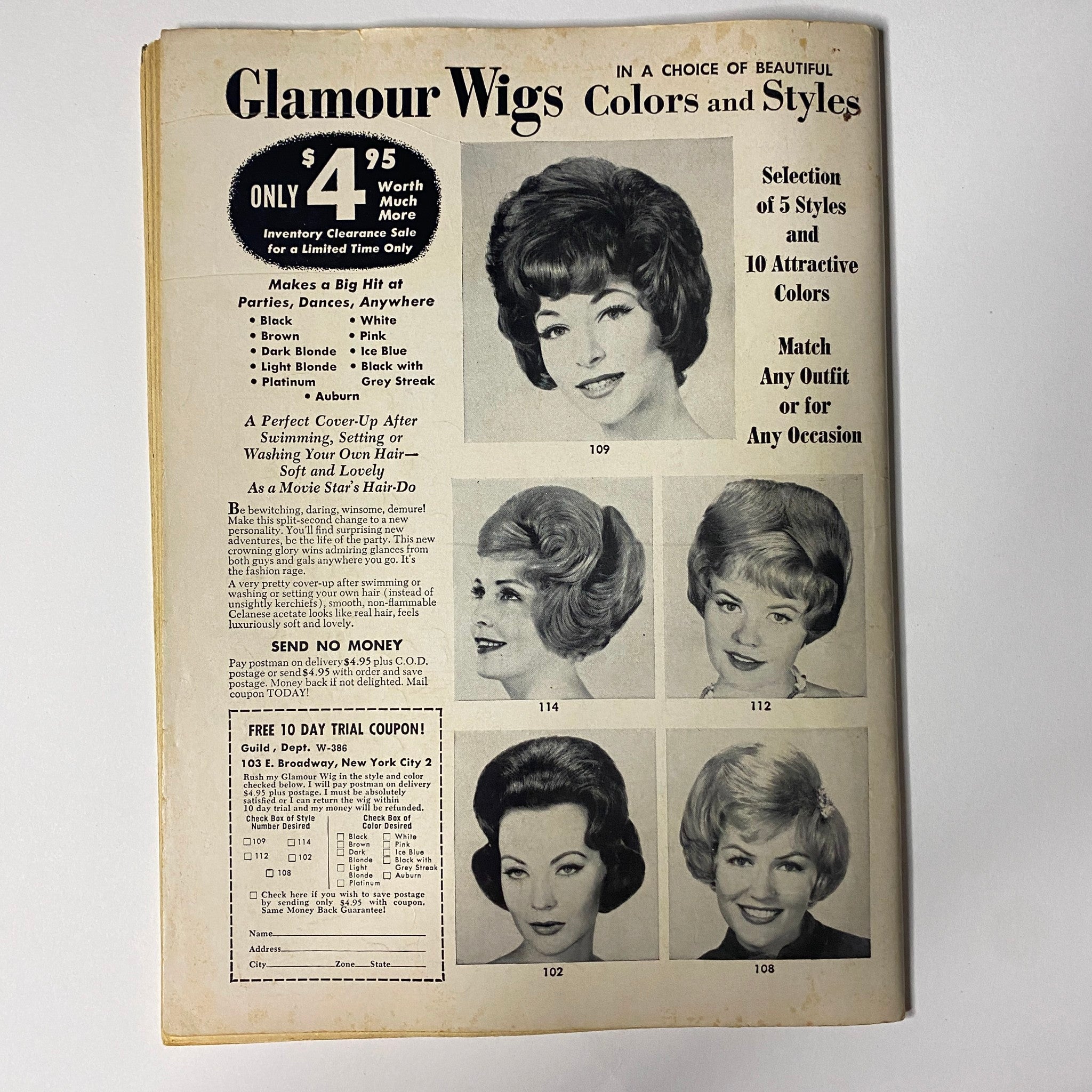 Glamour Wigs advertisement showcasing various wig styles and colors, featuring the title 'Teen World Magazine October 1964 The Beatles Cover No Label'. The ad highlights five styles and ten attractive colors available for all occasions.