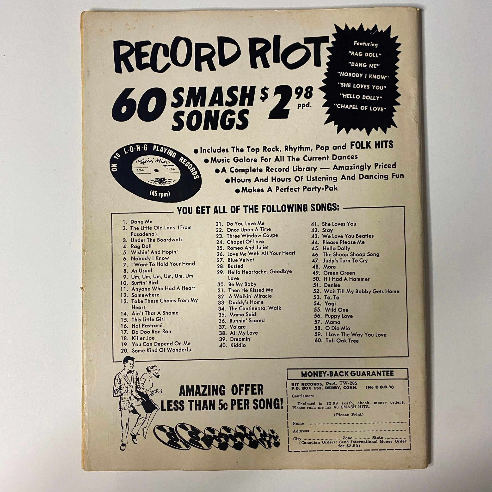 Back cover of Teen World Magazine February 1965 Vol 7 No. 6 promoting 'Record Riot' compilation of popular songs and a money-back guarantee offer.